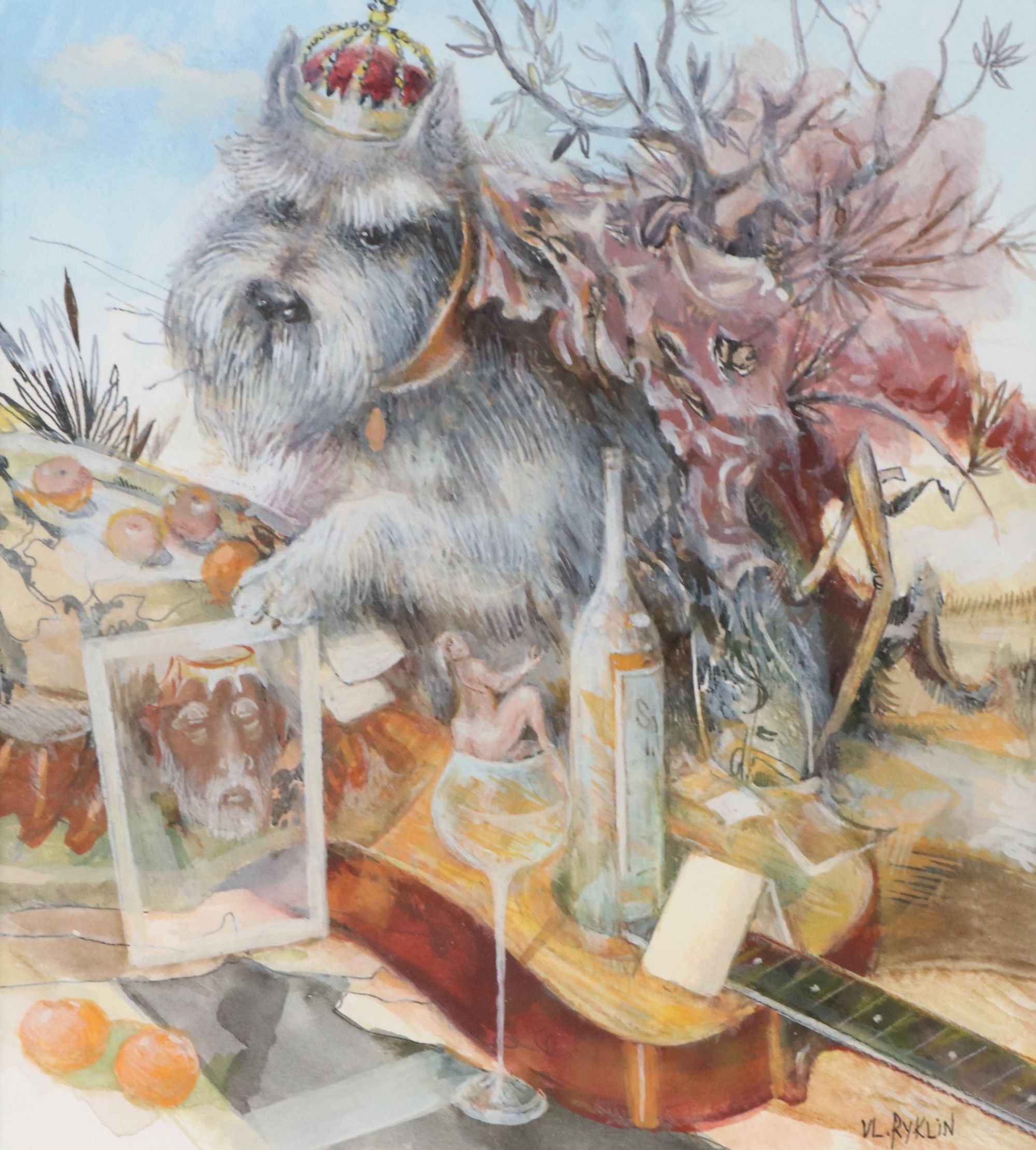 Vladimir Ryklin Surrealist Watercolor Illustration of Still Life with Dog