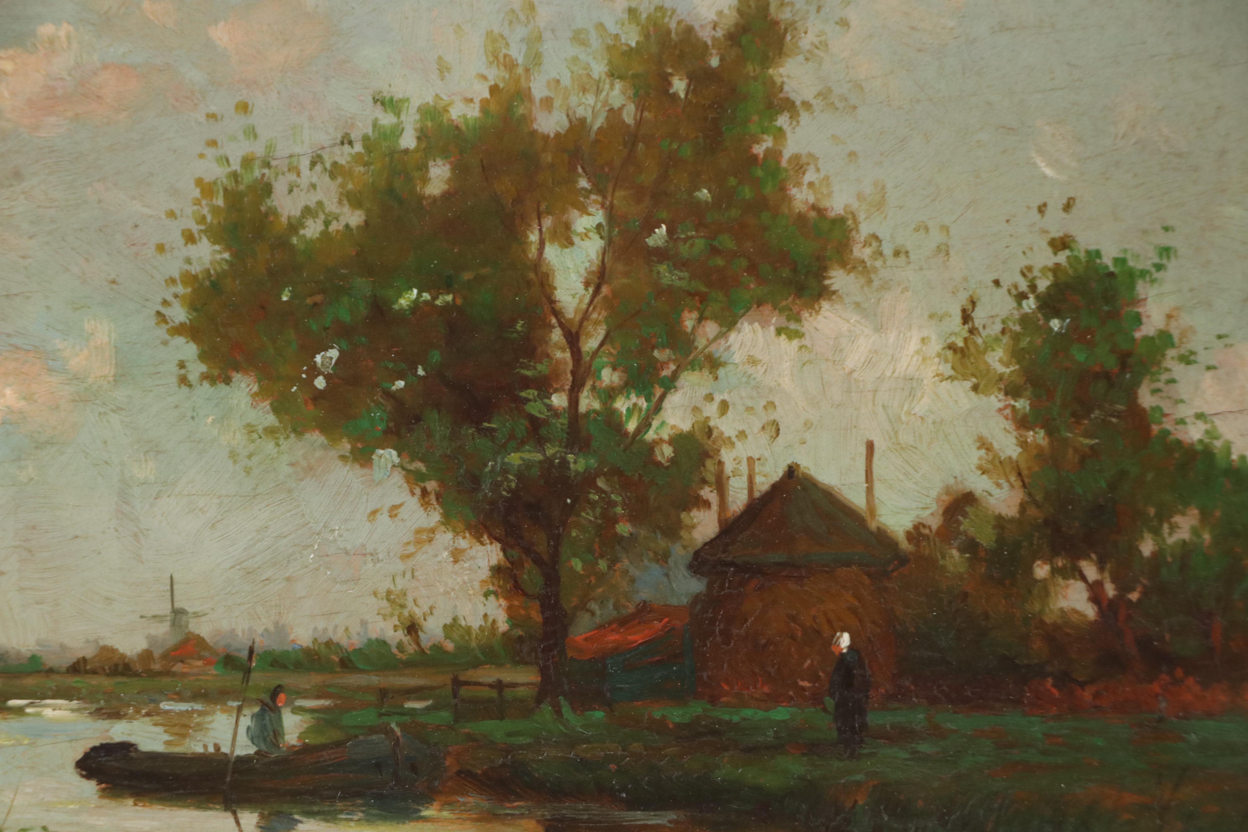 Dutch School Landscape Oil Painting of Riverside Home and Boater, 19th C.