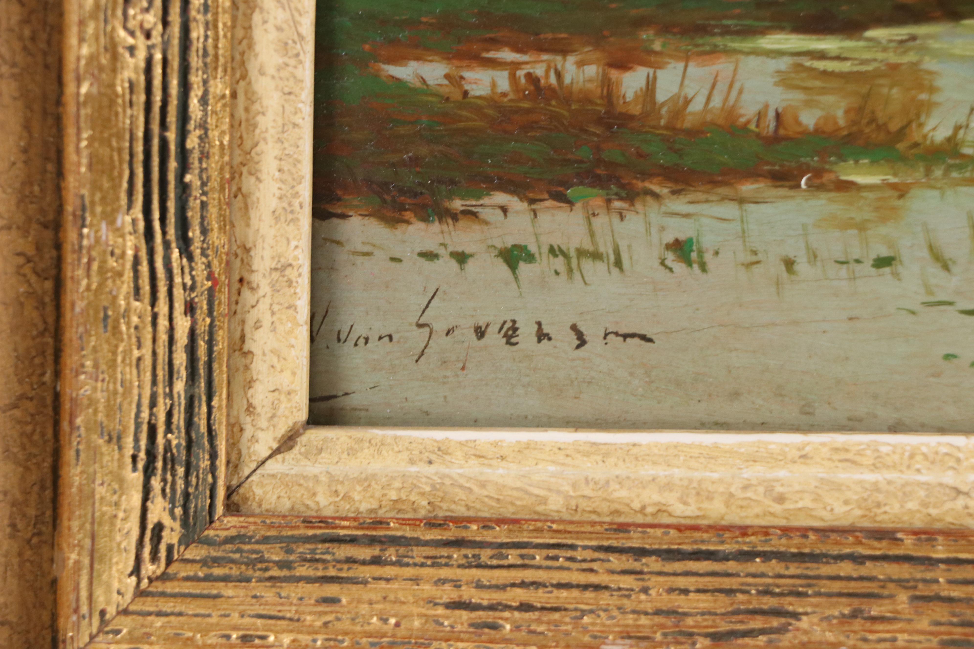 Dutch School Landscape Oil Painting of Riverside Home and Boater, 19th C.