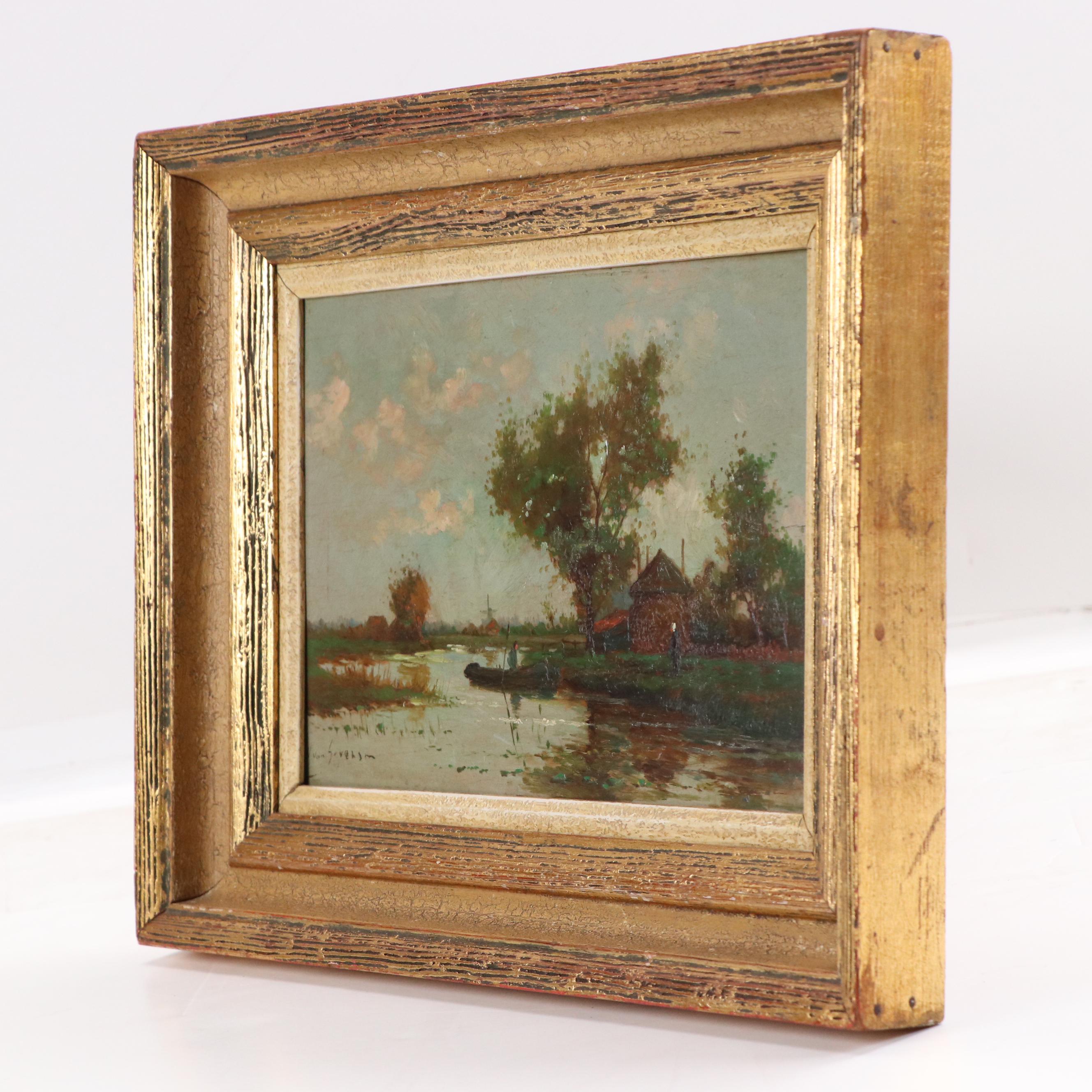Dutch School Landscape Oil Painting of Riverside Home and Boater, 19th C.
