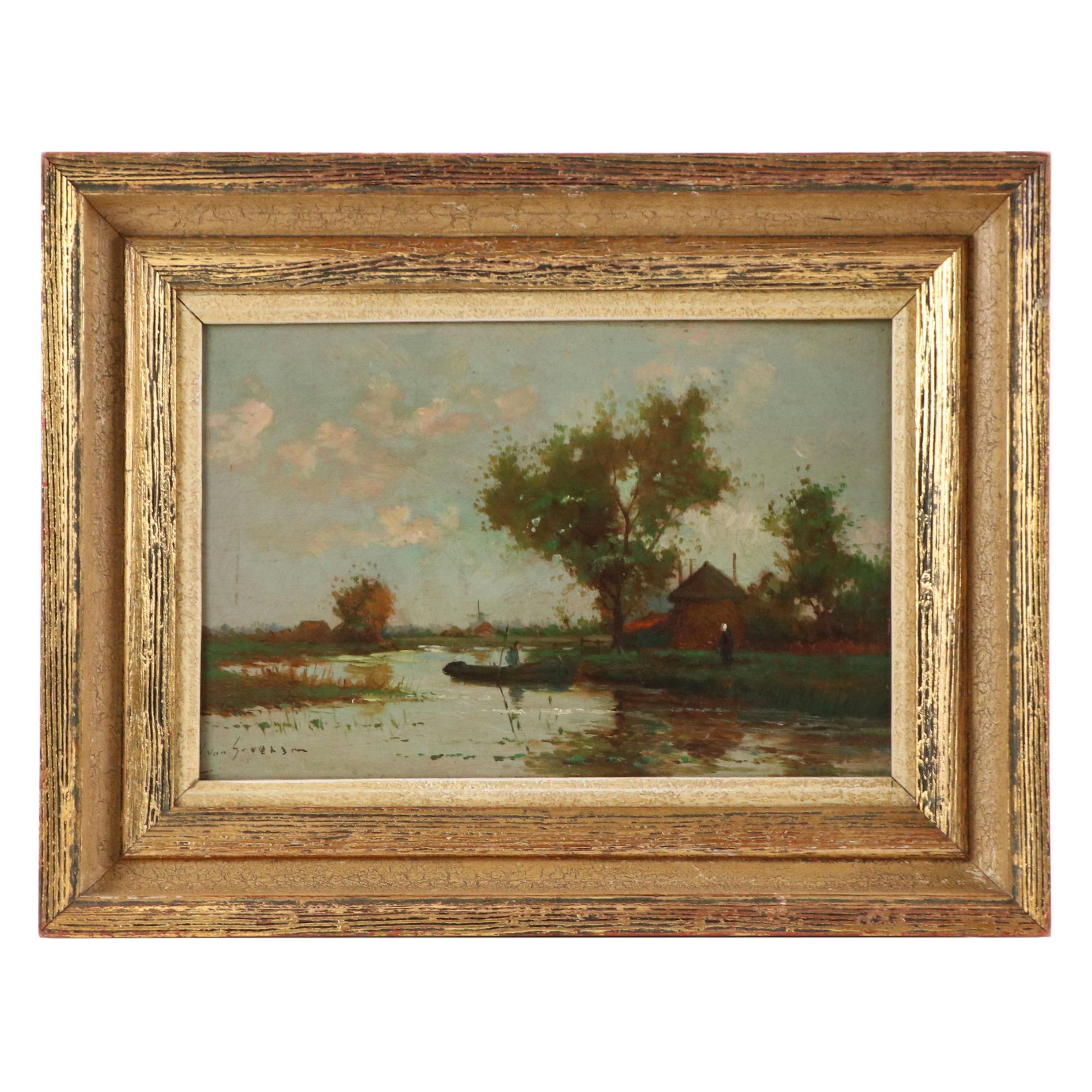 Dutch School Landscape Oil Painting of Riverside Home and Boater, 19th C.