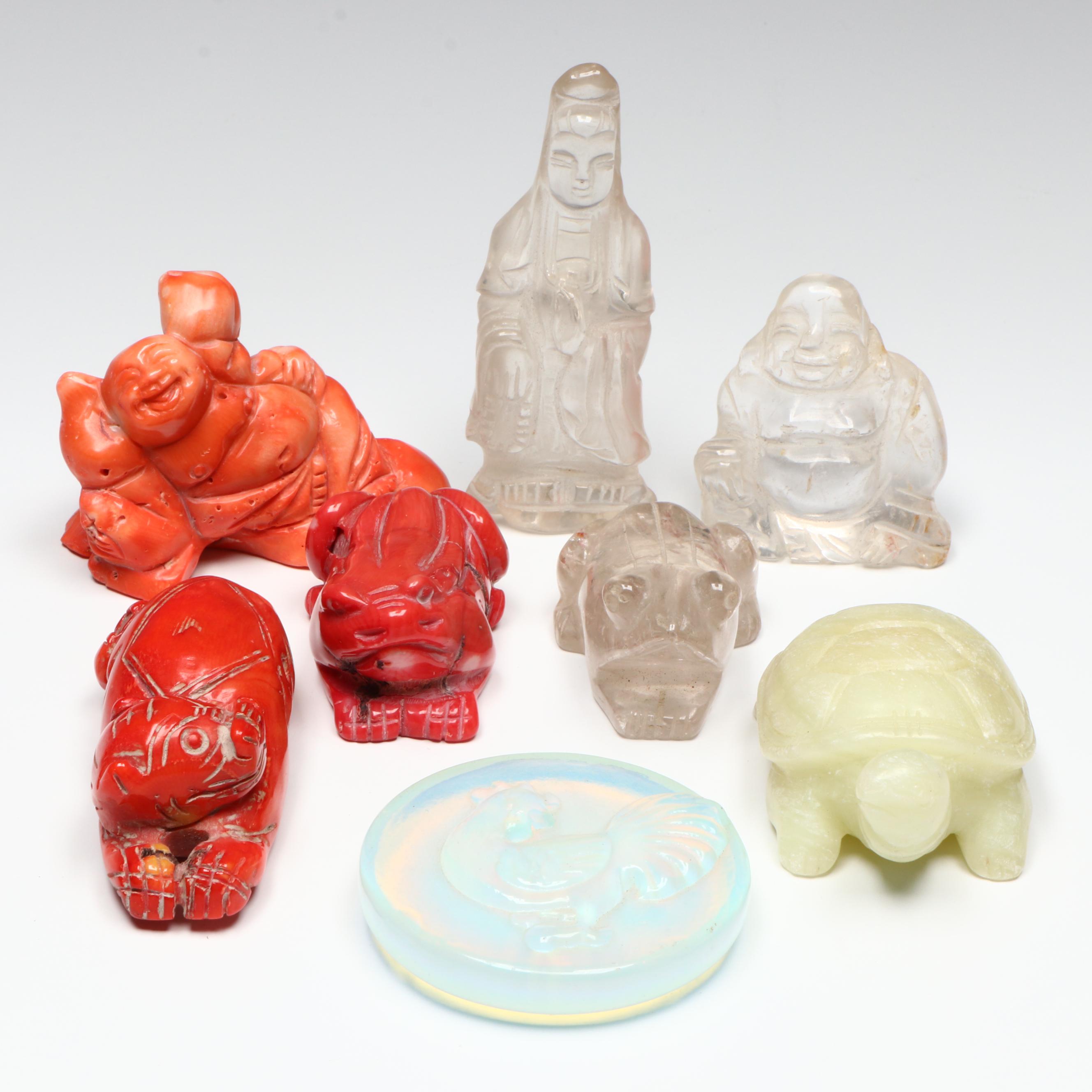 Carved Red Coral, Glass and Rock Crystal Guanyin and Animal Figures