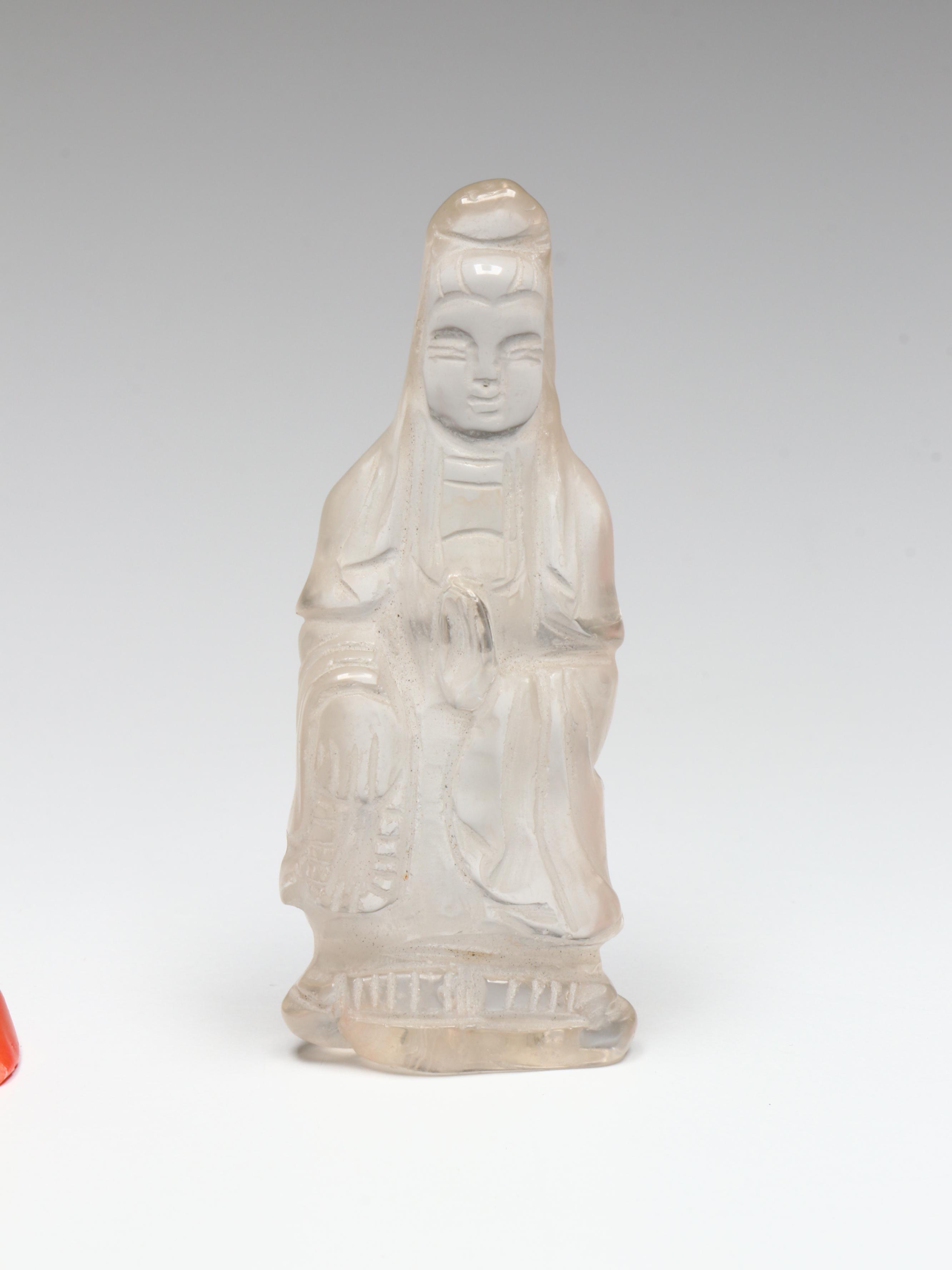 Carved Red Coral, Glass and Rock Crystal Guanyin and Animal Figures