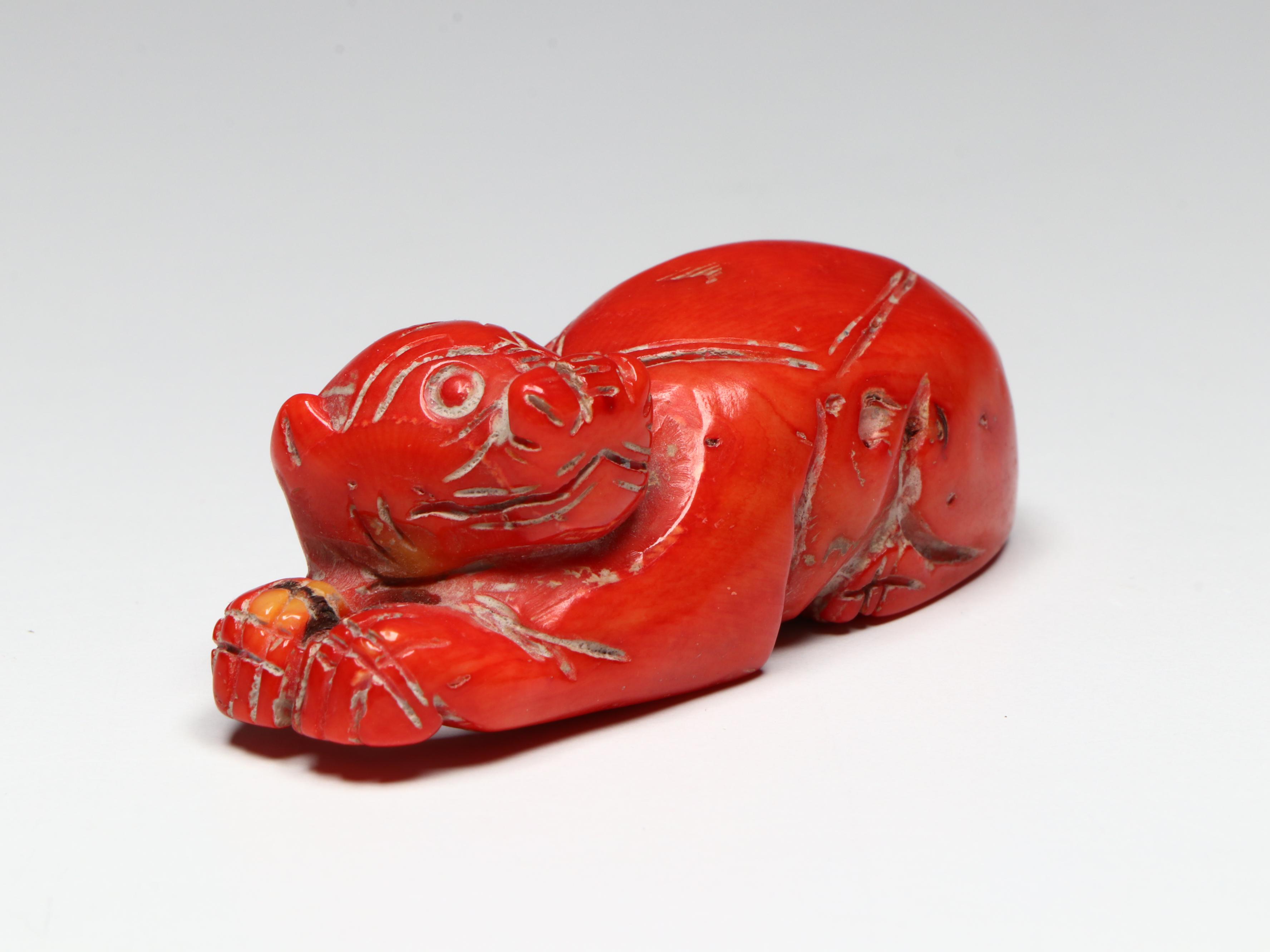 Carved Red Coral, Glass and Rock Crystal Guanyin and Animal Figures