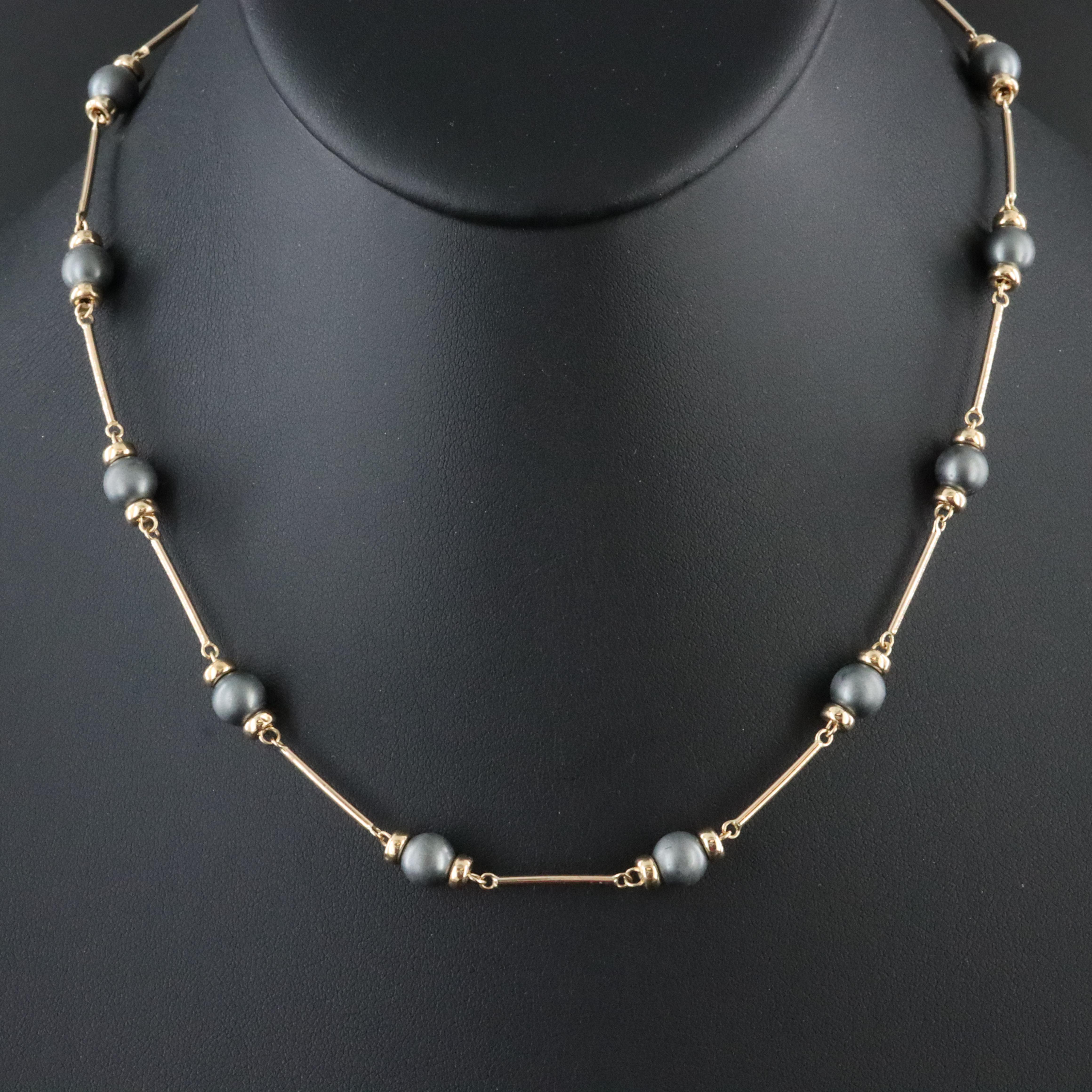 14K Imitation Pearl and Bar Station Necklace