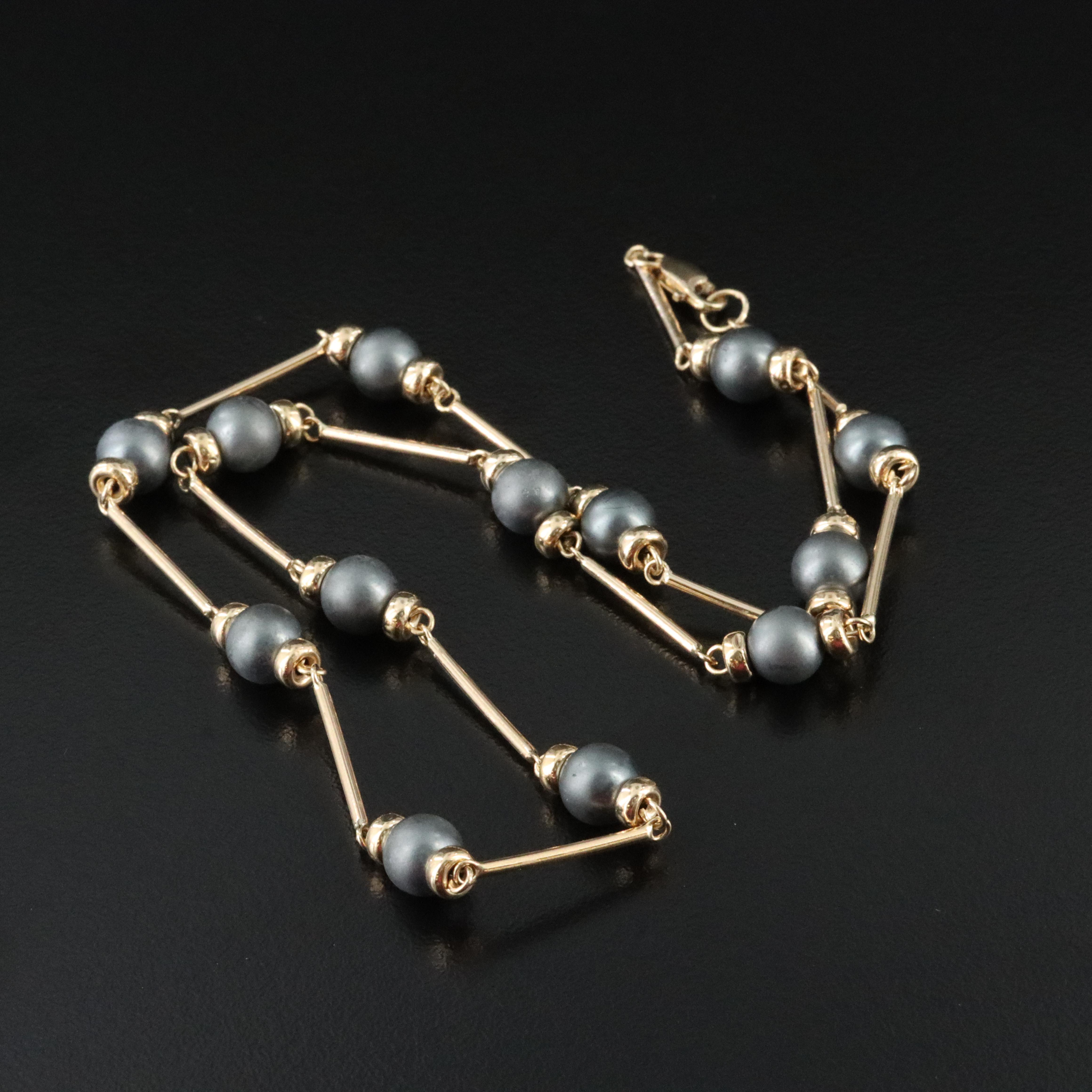 14K Imitation Pearl and Bar Station Necklace