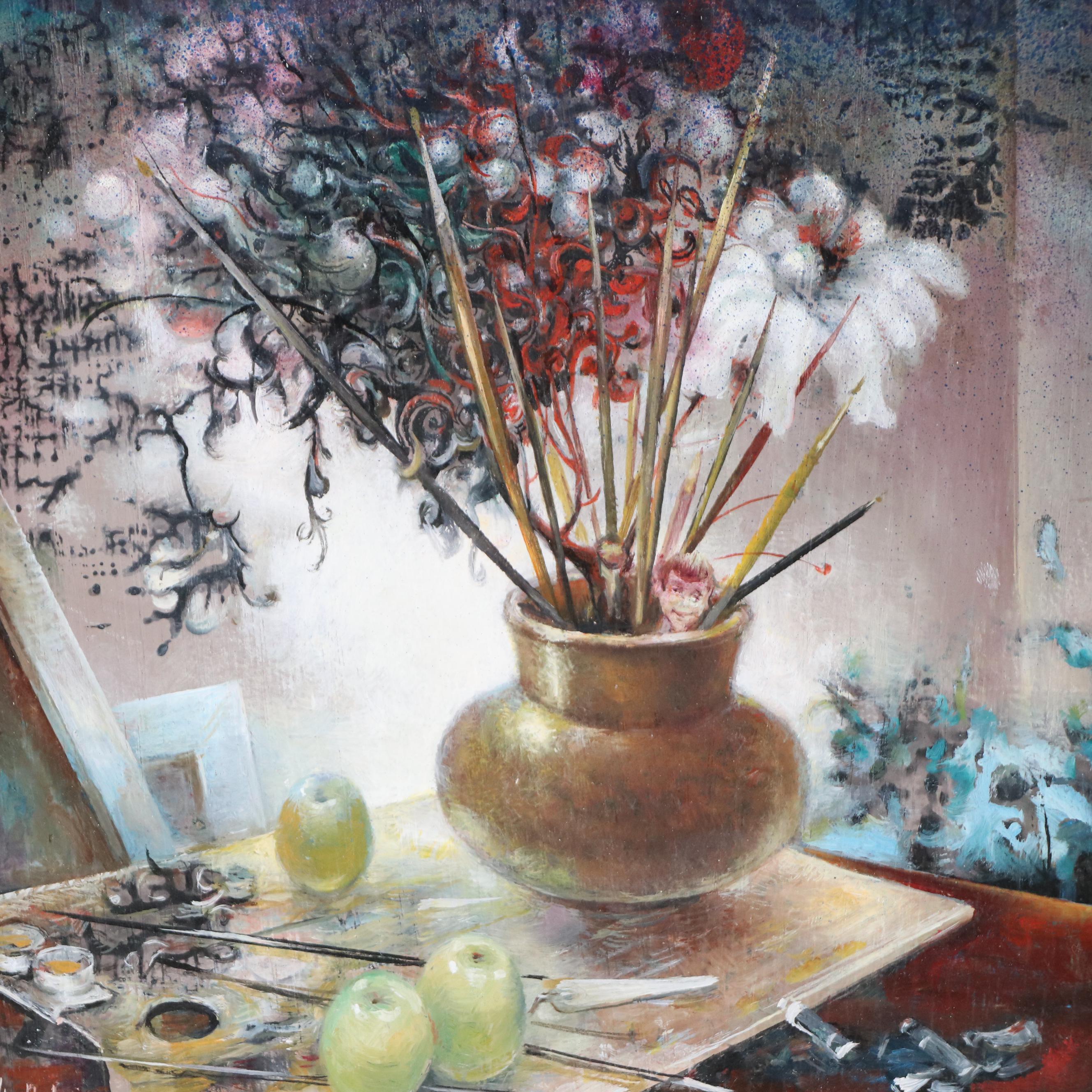 Vladimir Ryklin Still Life Oil Painting of Artist's Work Table with Brushes