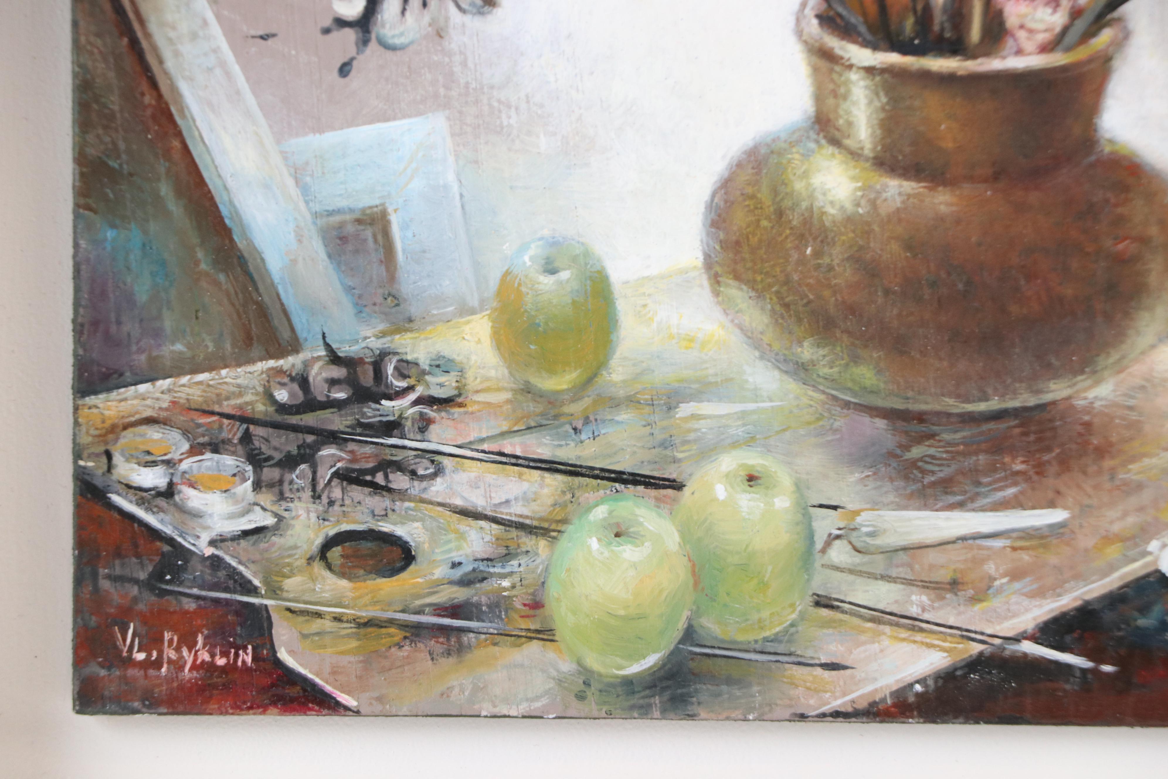 Vladimir Ryklin Still Life Oil Painting of Artist's Work Table with Brushes