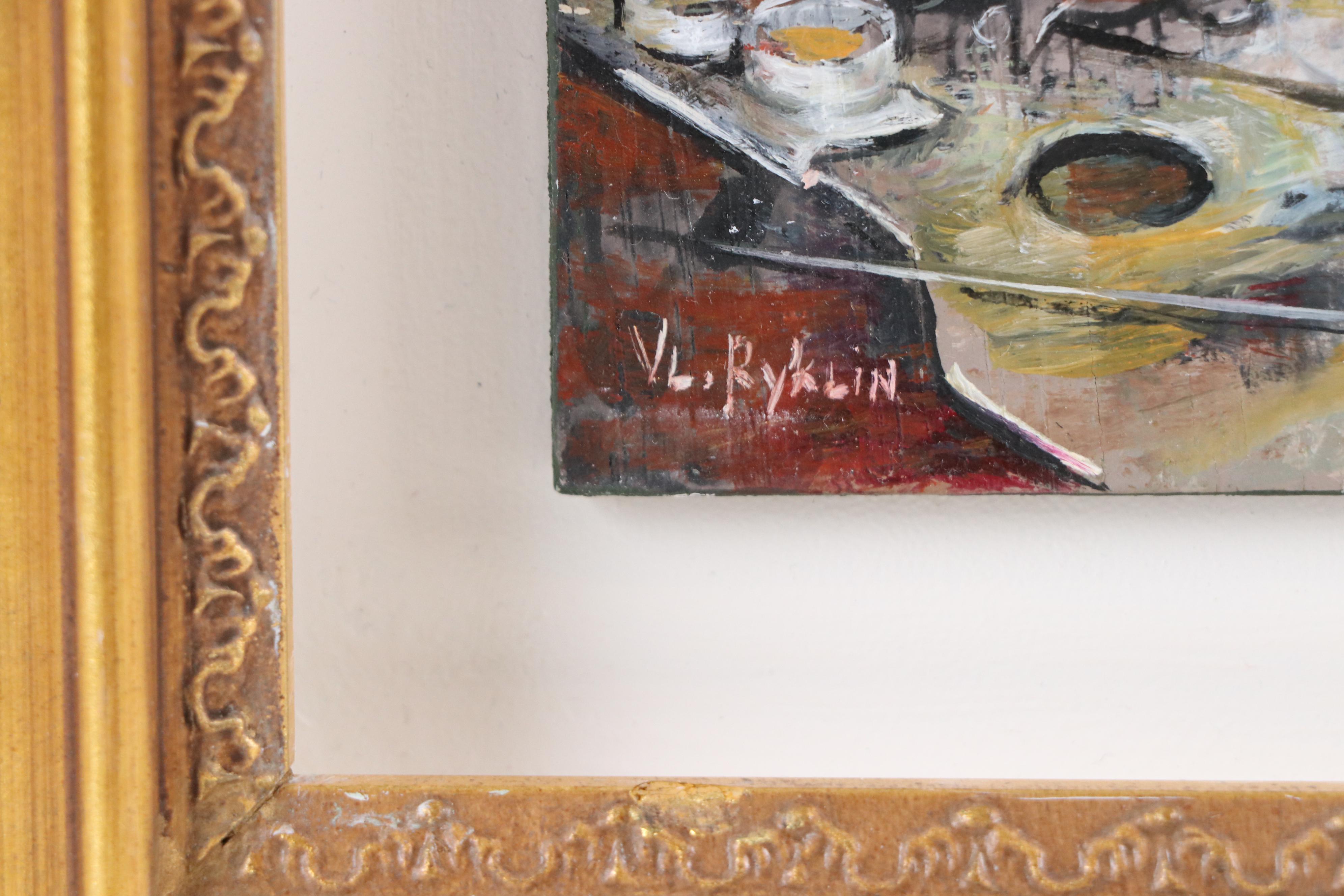 Vladimir Ryklin Still Life Oil Painting of Artist's Work Table with Brushes