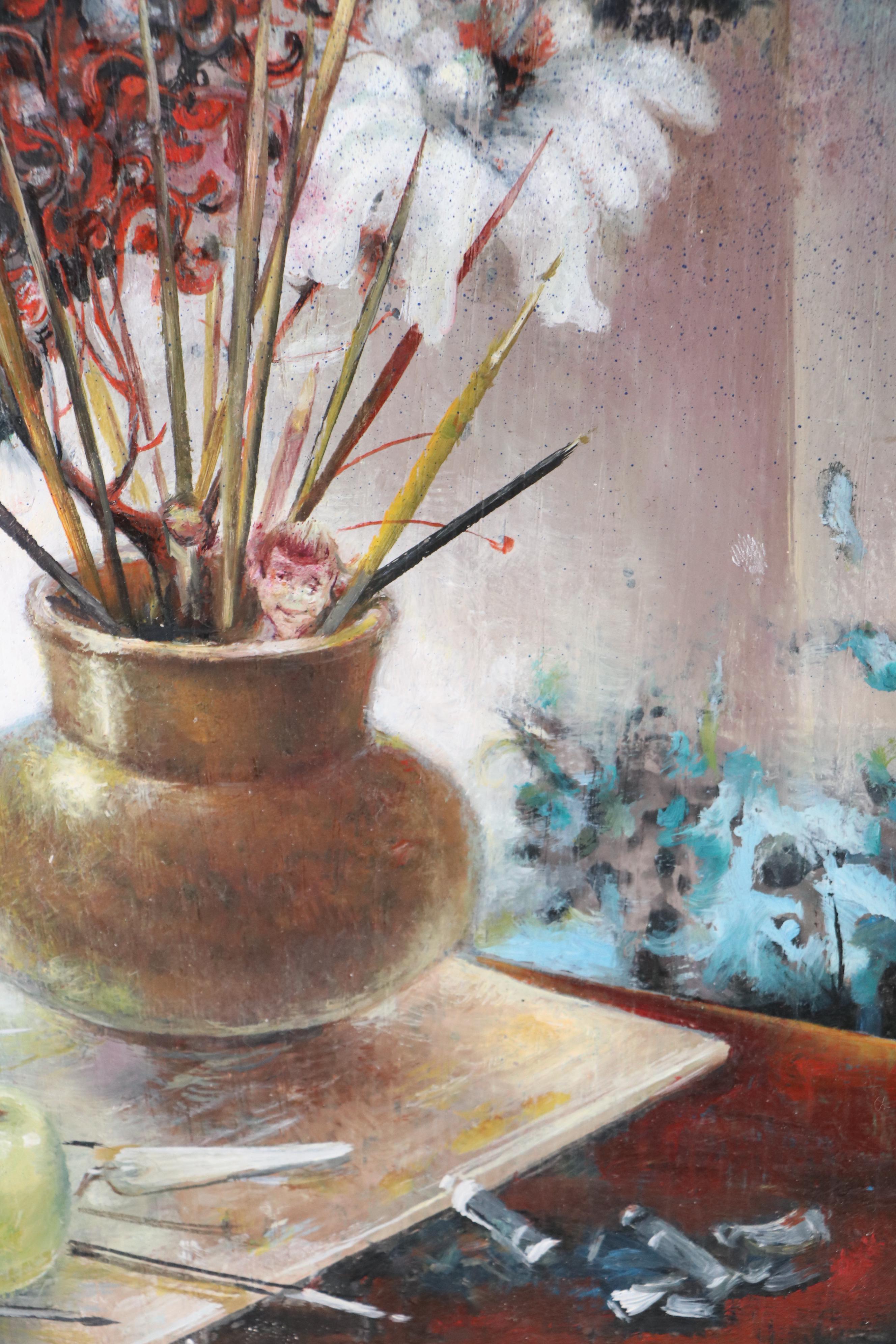 Vladimir Ryklin Still Life Oil Painting of Artist's Work Table with Brushes