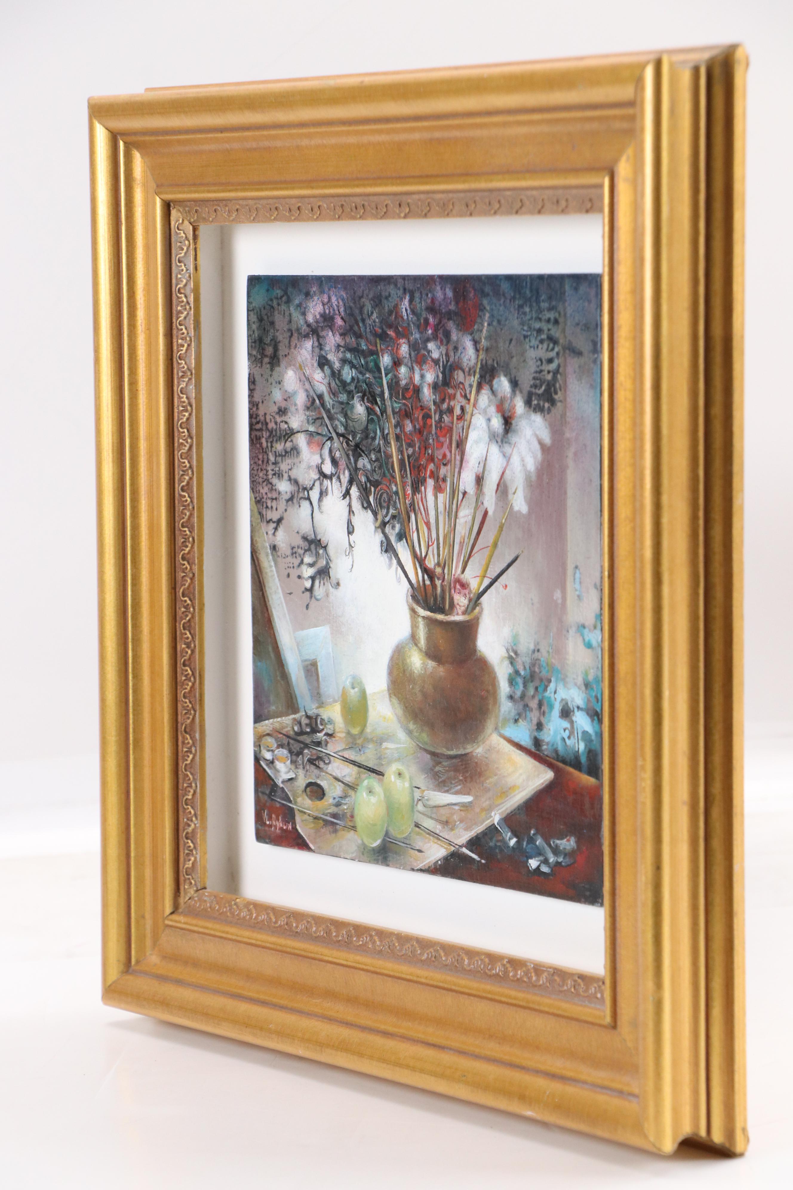 Vladimir Ryklin Still Life Oil Painting of Artist's Work Table with Brushes