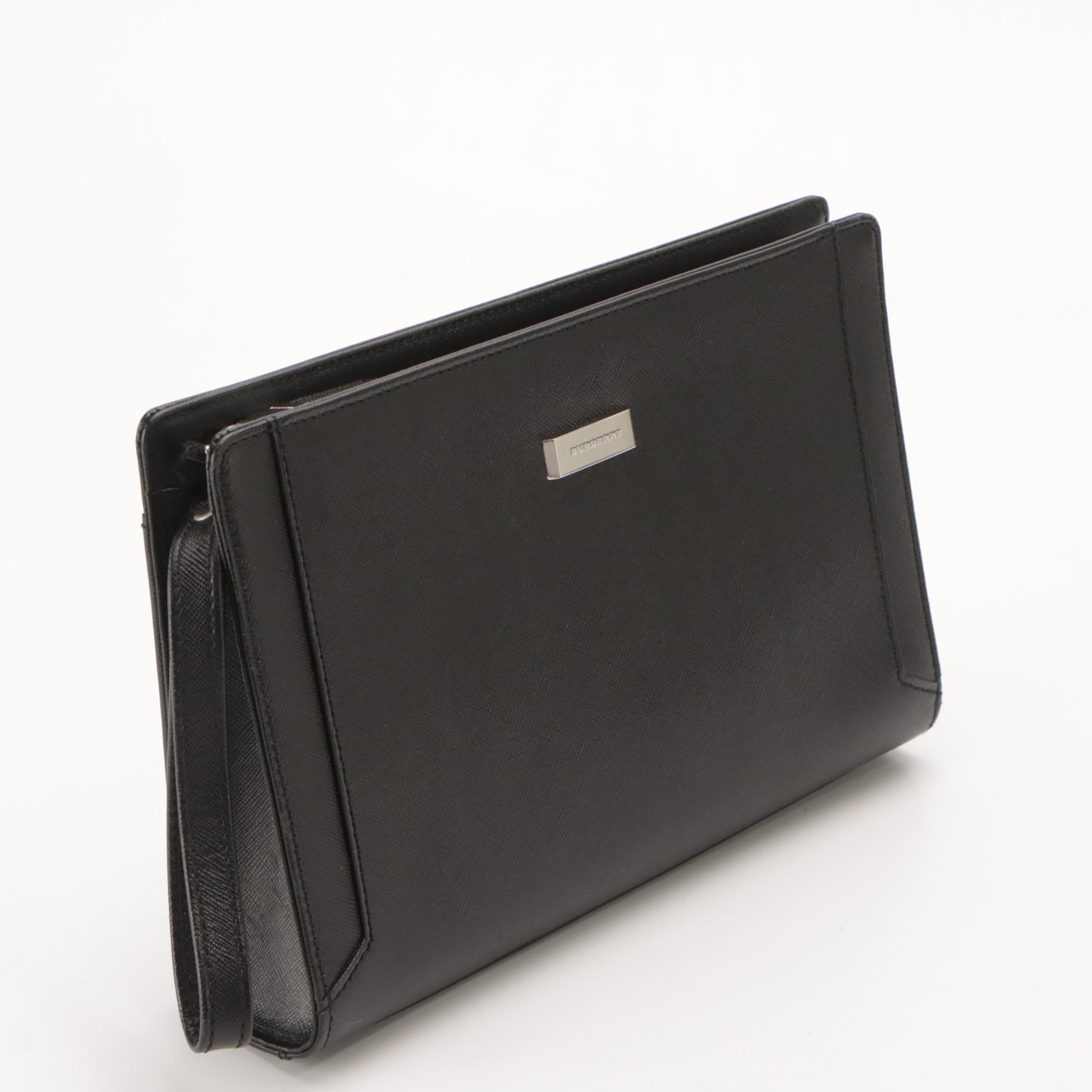 Burberry Black Saffiano Leather Zip Wristlet Clutch with Box