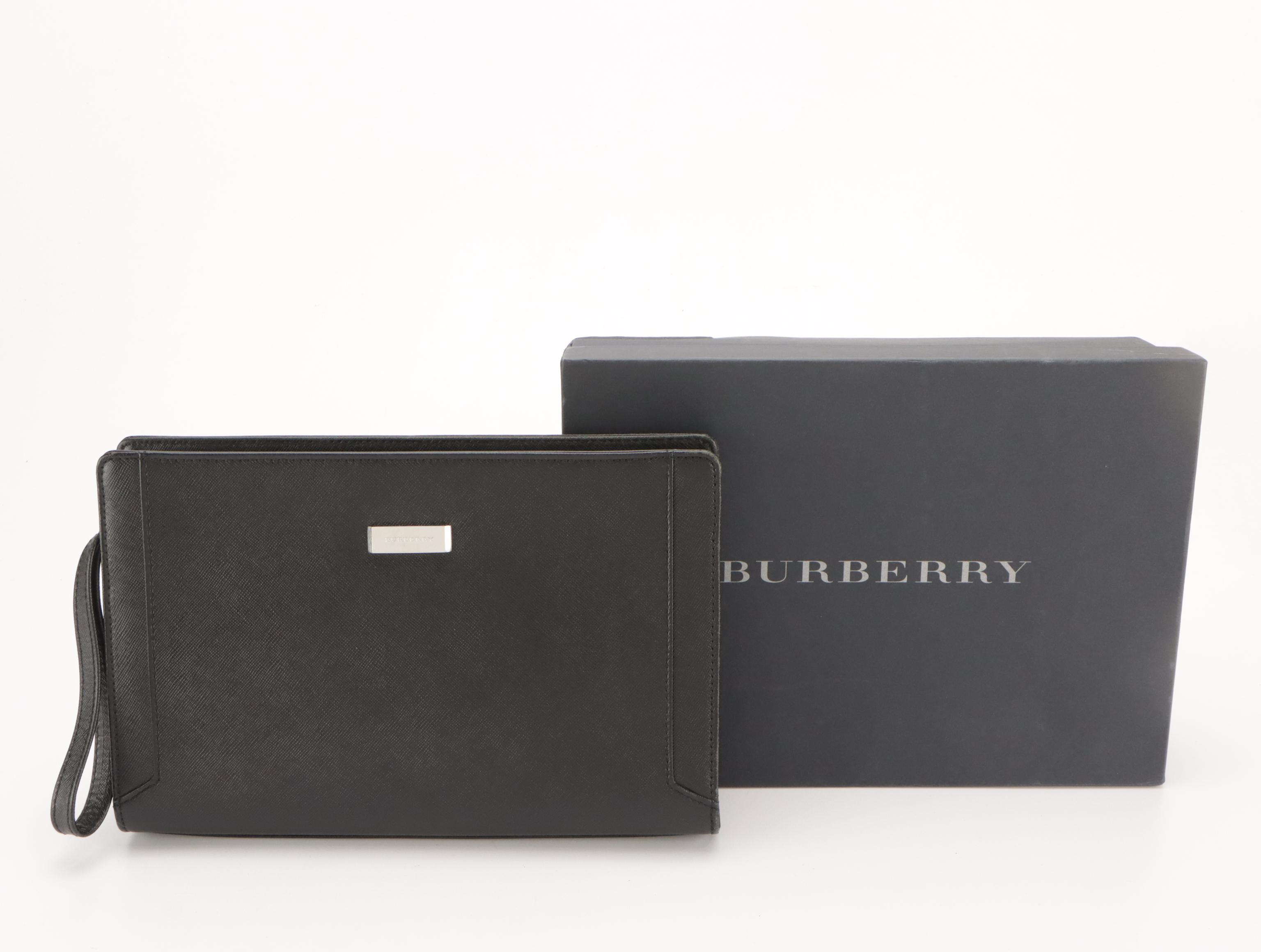 Burberry Black Saffiano Leather Zip Wristlet Clutch with Box