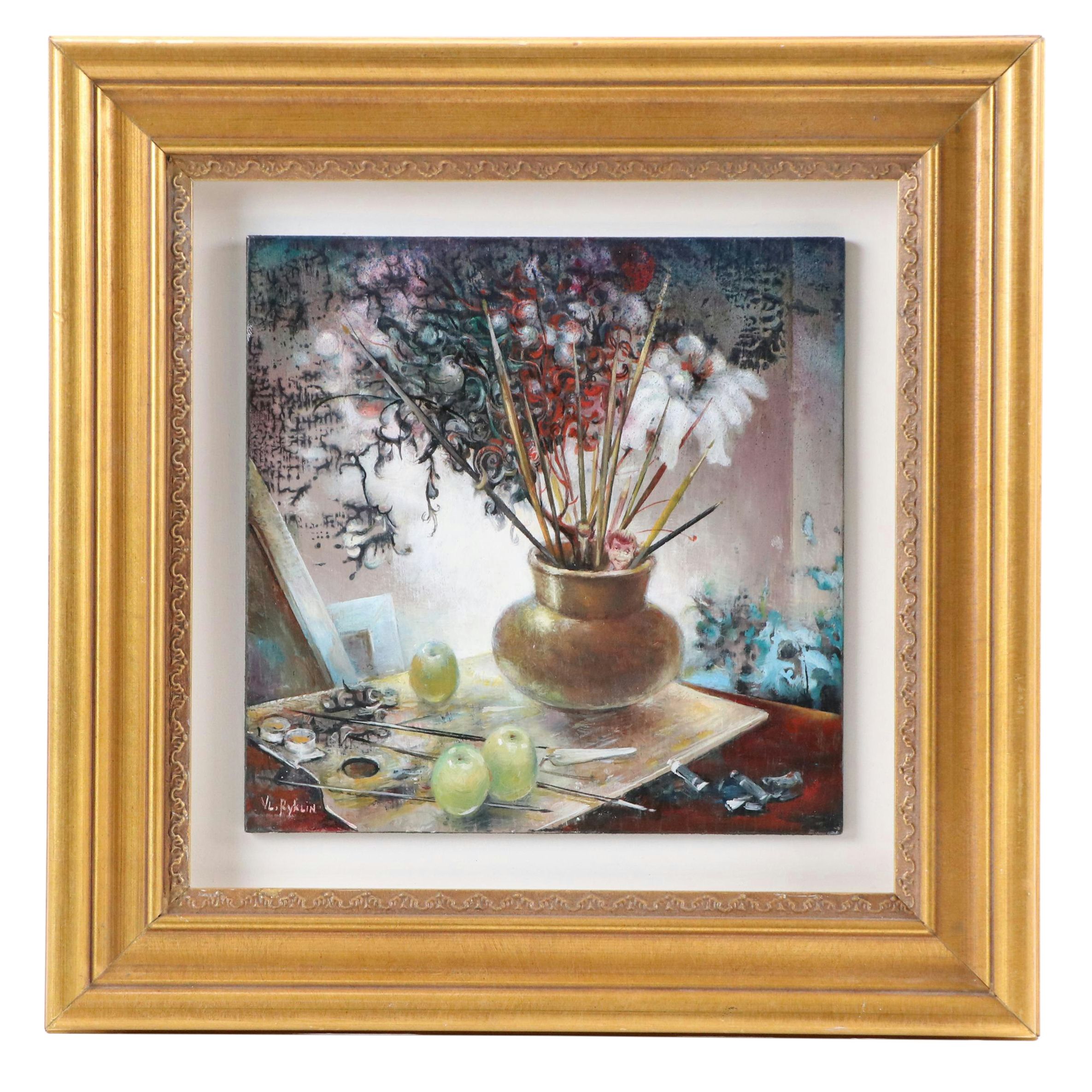 Vladimir Ryklin Still Life Oil Painting of Artist's Work Table with Brushes