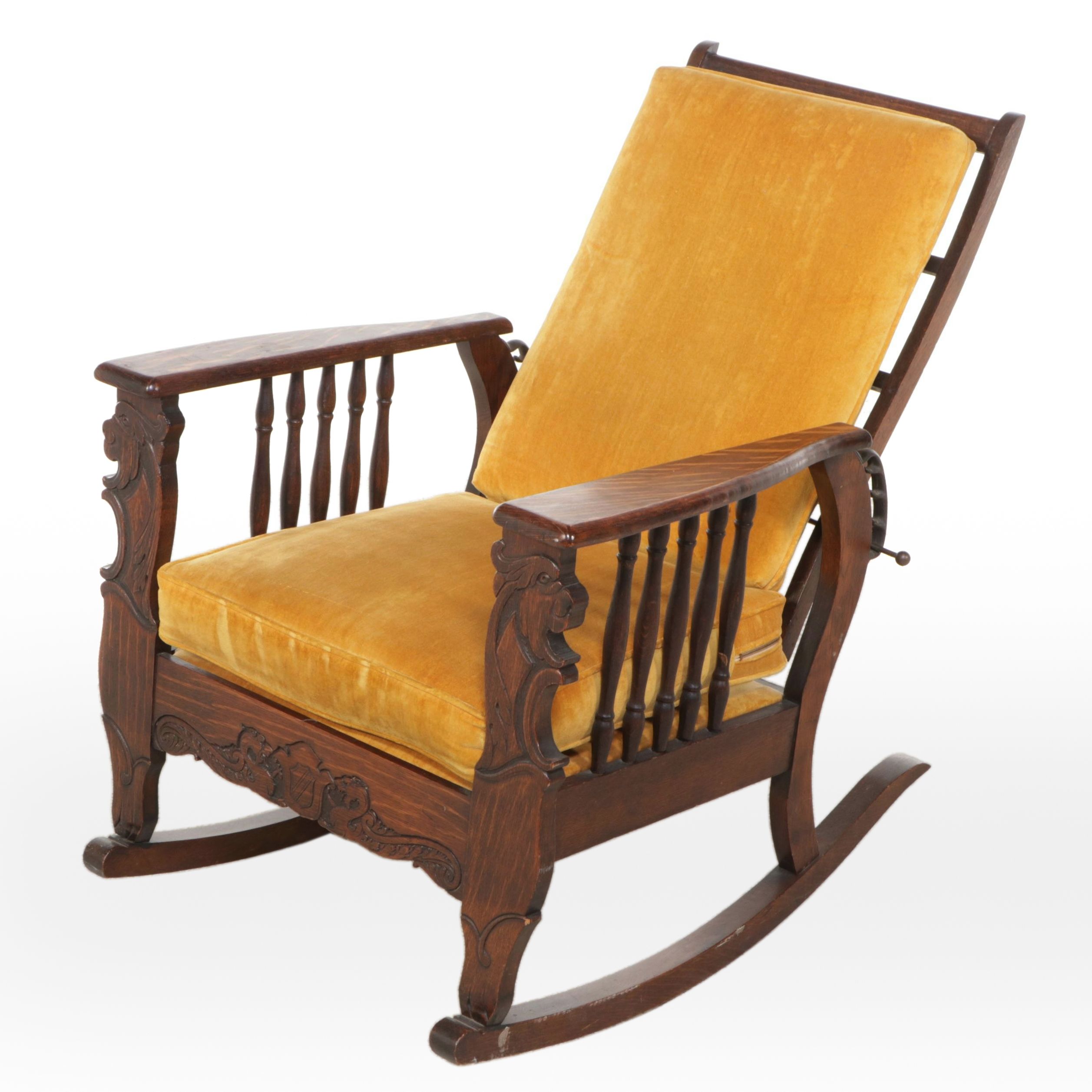 Morris-Style Carved Oak Rocking Chair with Lion's Head Arms, Early 20th Century