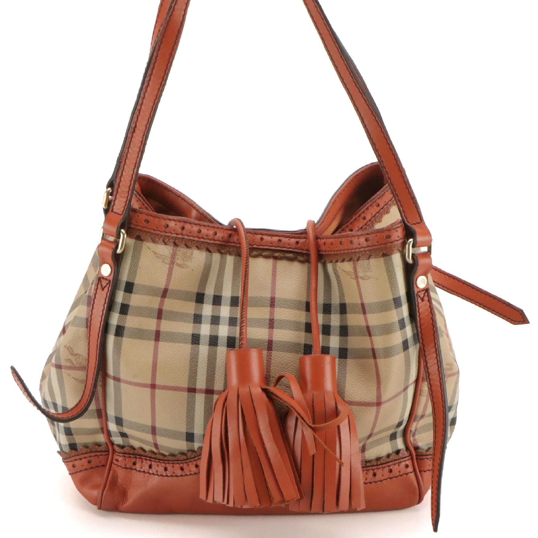Burberry Brogue Leather Tassel Satchel in Haymarket Check Canvas