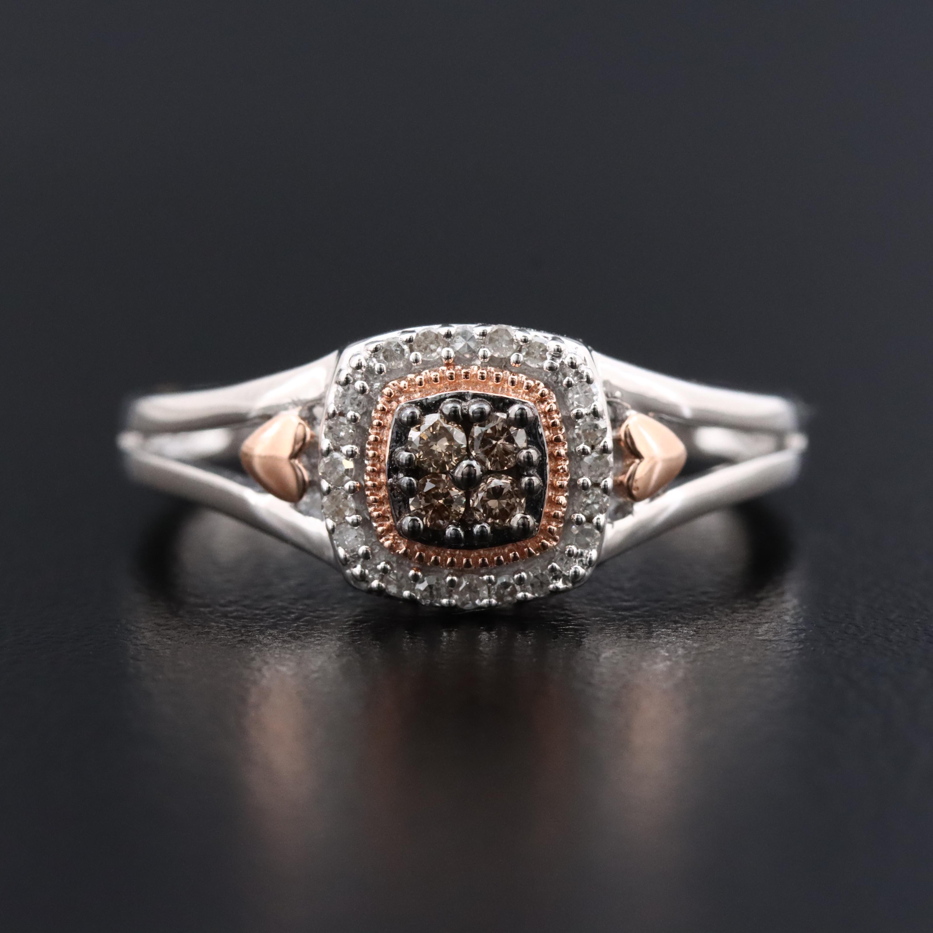 Sterling Diamond Halo Ring with Fancy Brown Diamonds and Split Shank