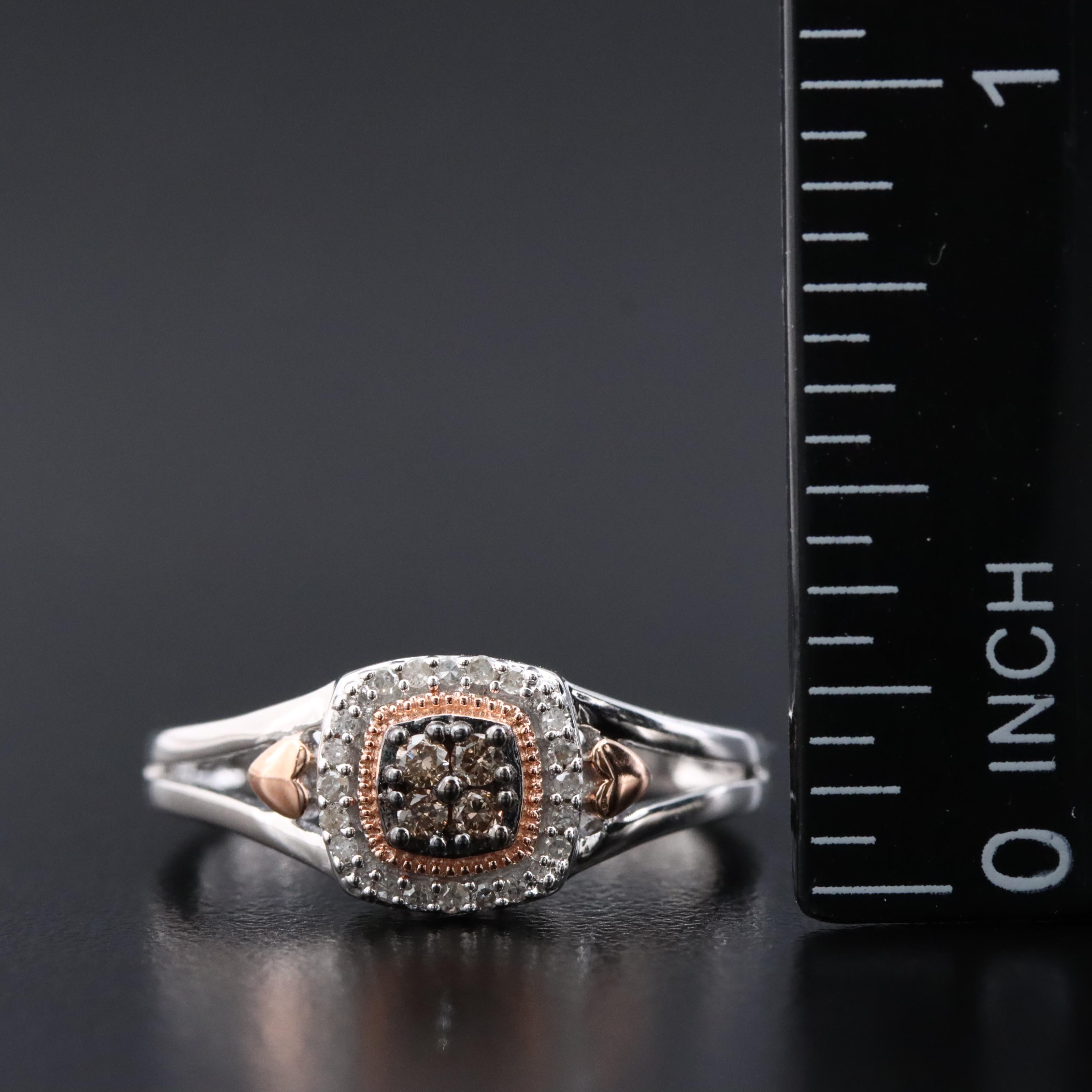 Sterling Diamond Halo Ring with Fancy Brown Diamonds and Split Shank
