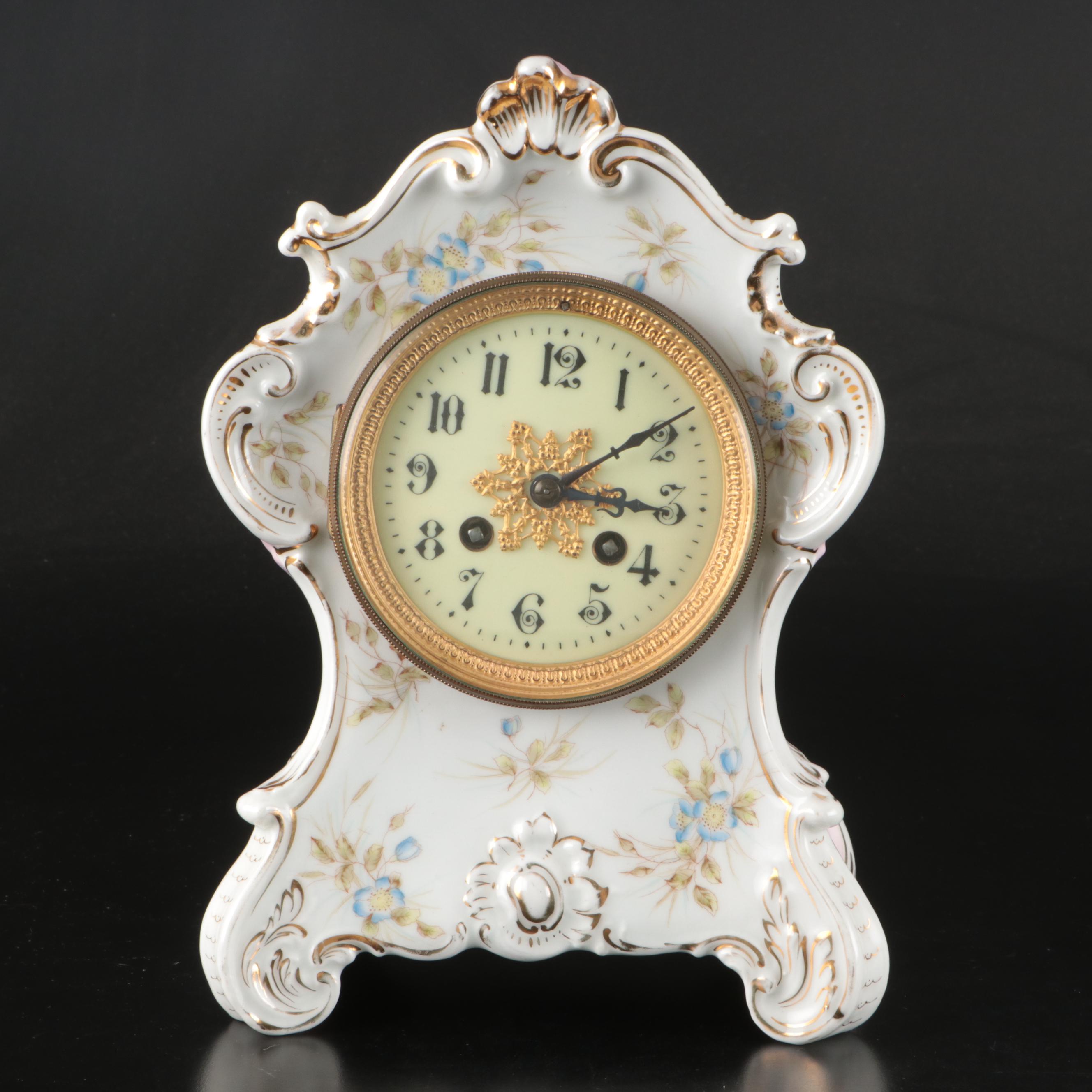 Rococo Style Ceramic Mantel Clock, Early to Mid-20th Century