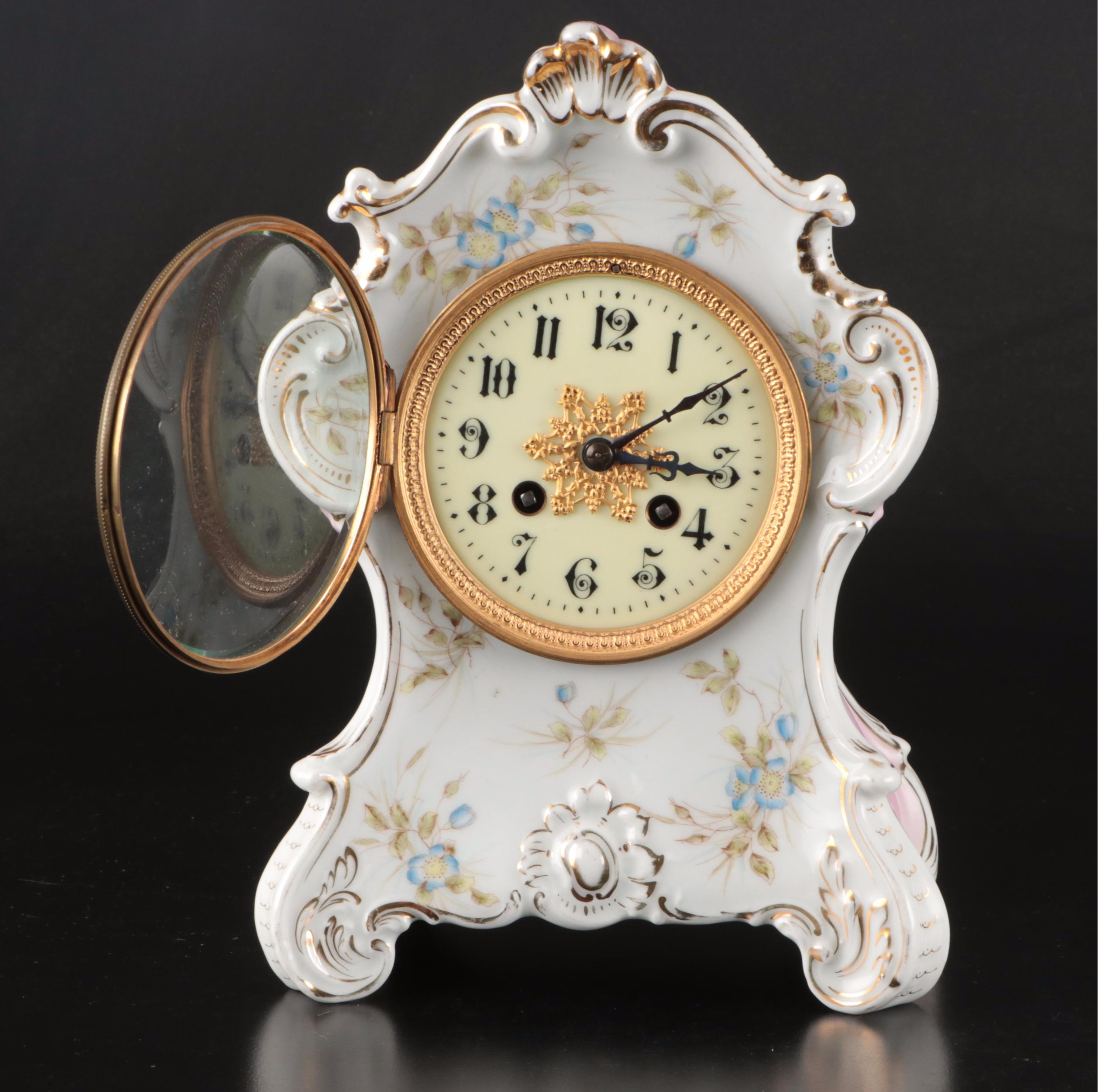 Rococo Style Ceramic Mantel Clock, Early to Mid-20th Century
