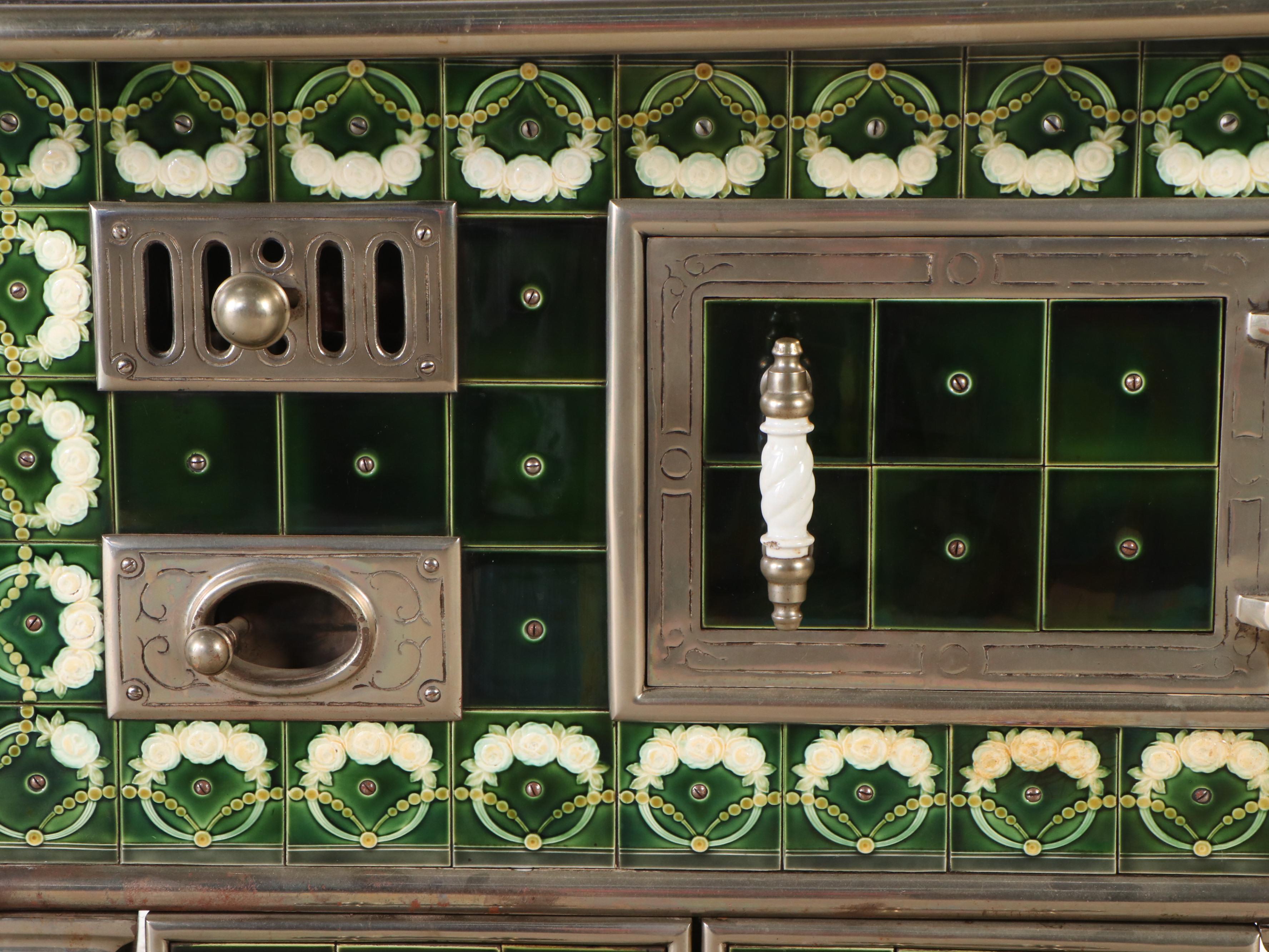 Antique Cast Iron Stove with Green Tile Trim and Matching Coal Scuttle