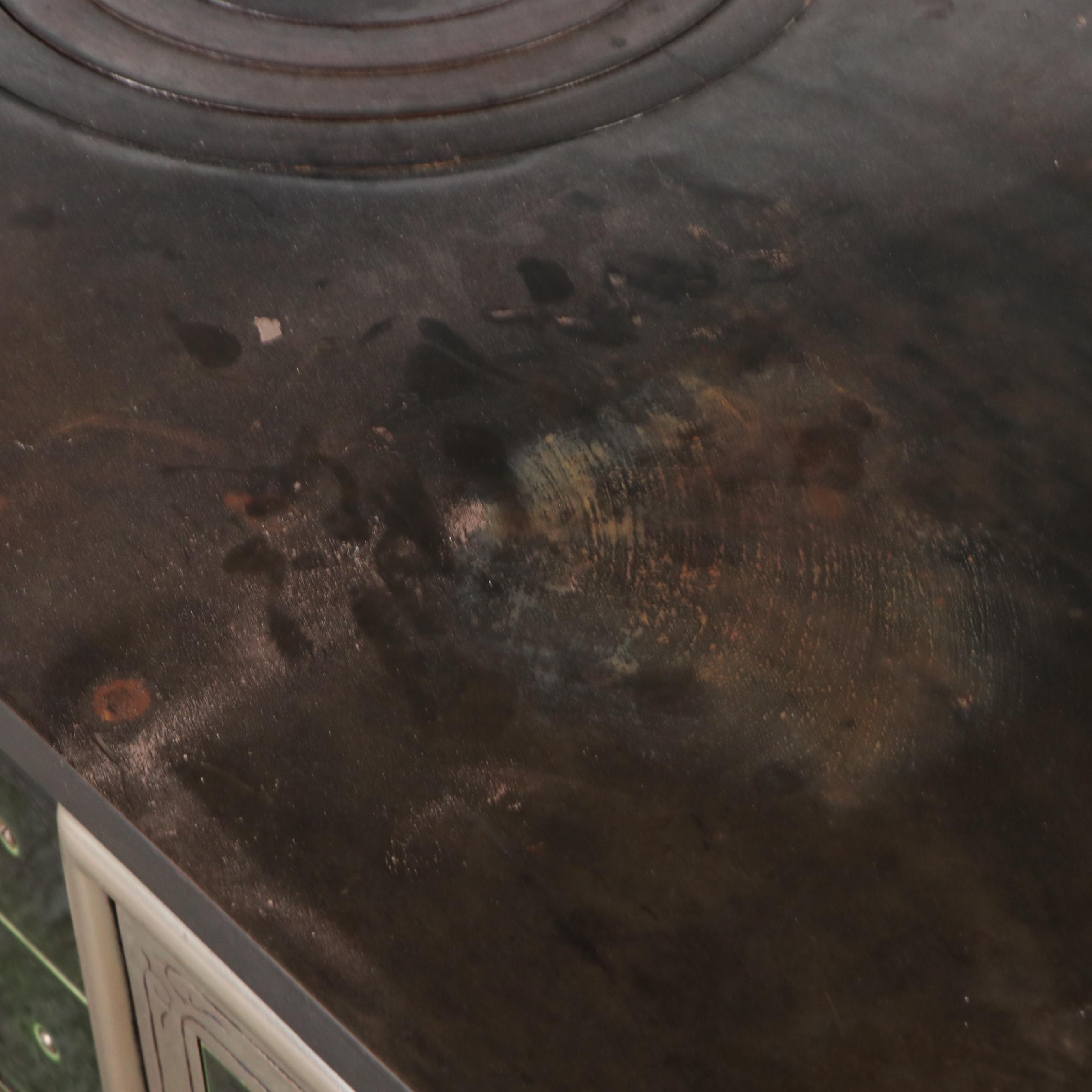 Antique Cast Iron Stove with Green Tile Trim and Matching Coal Scuttle