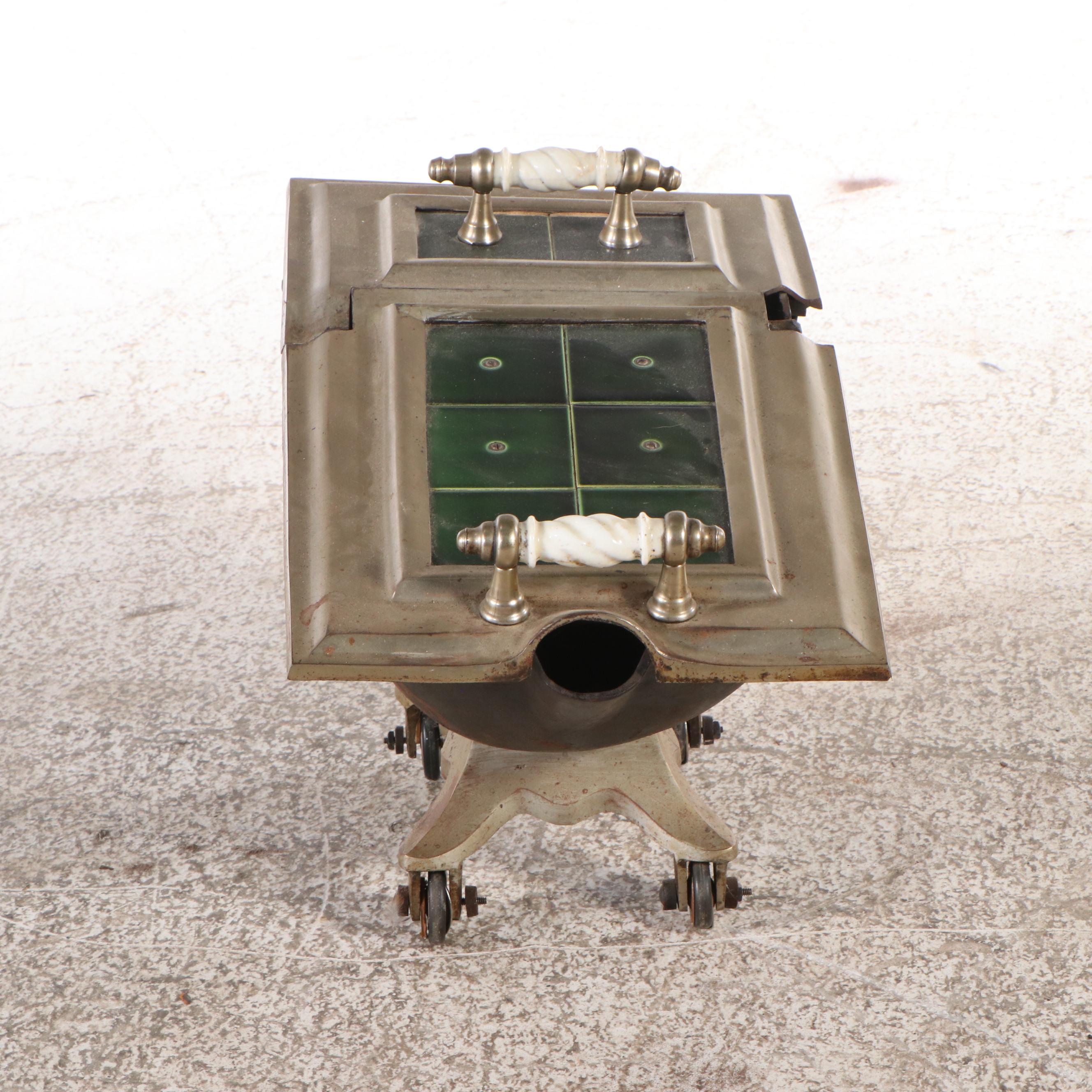 Antique Cast Iron Stove with Green Tile Trim and Matching Coal Scuttle