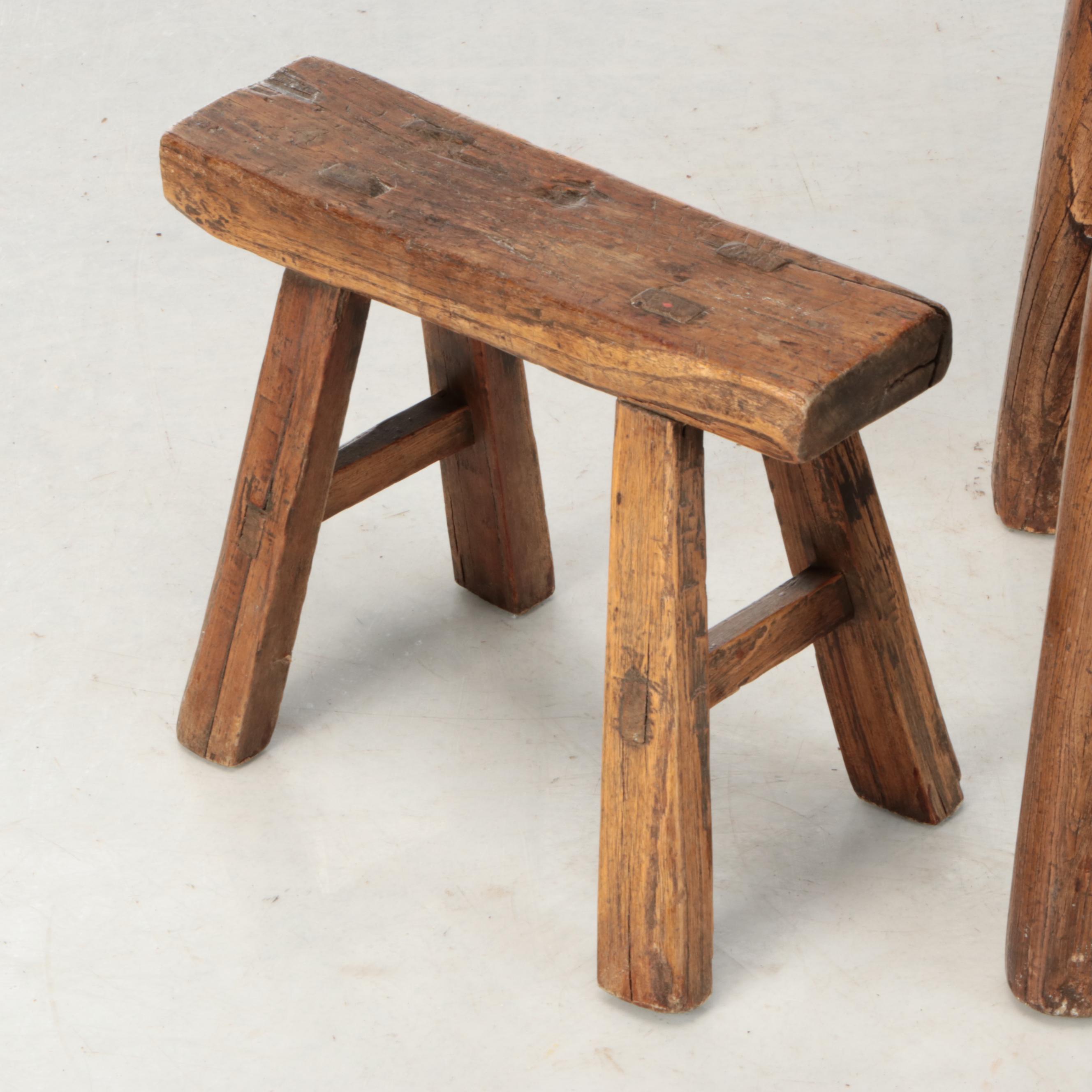 Carved Wooden Stool with Wooden Footrest, Early to Mid-20th Century