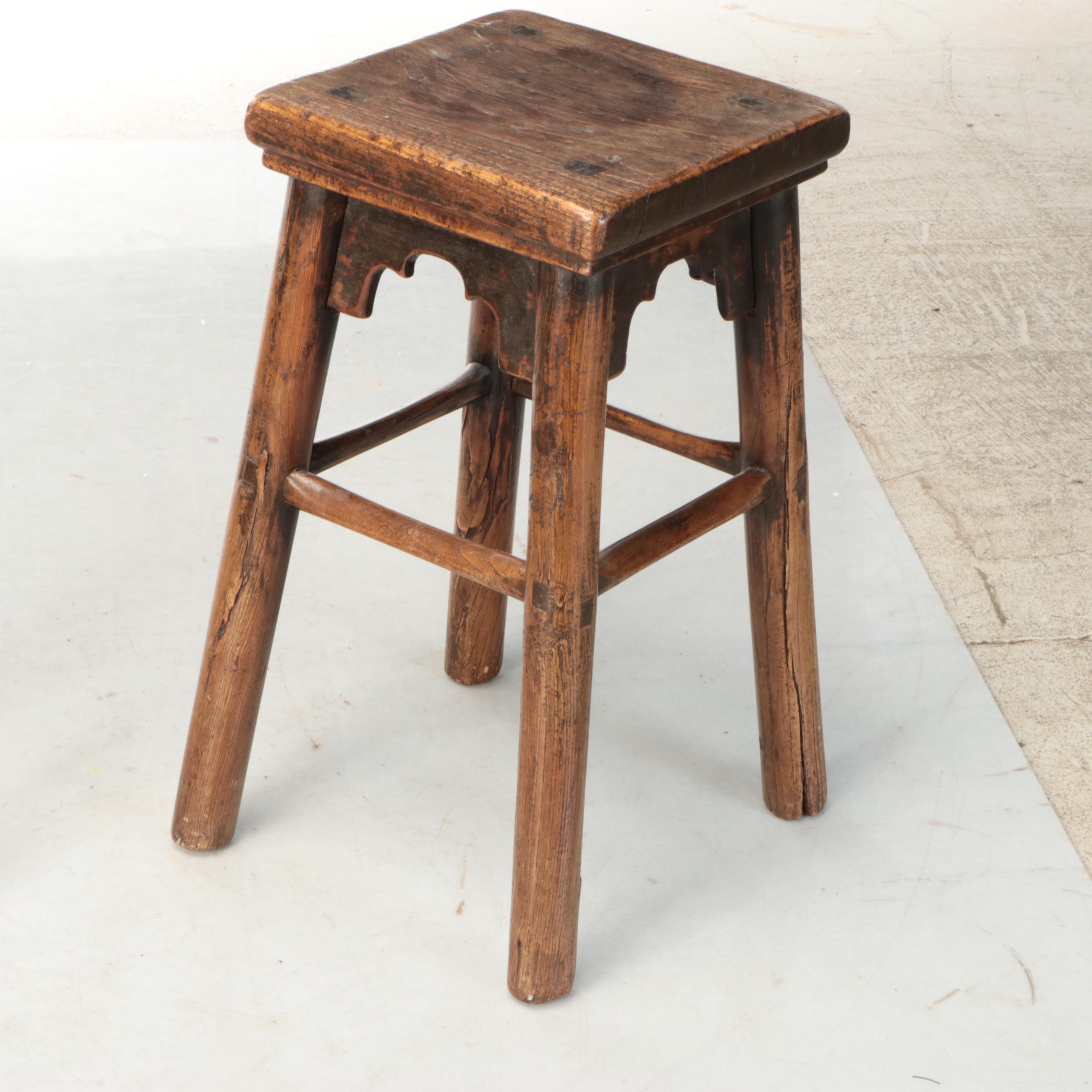 Carved Wooden Stool with Wooden Footrest, Early to Mid-20th Century