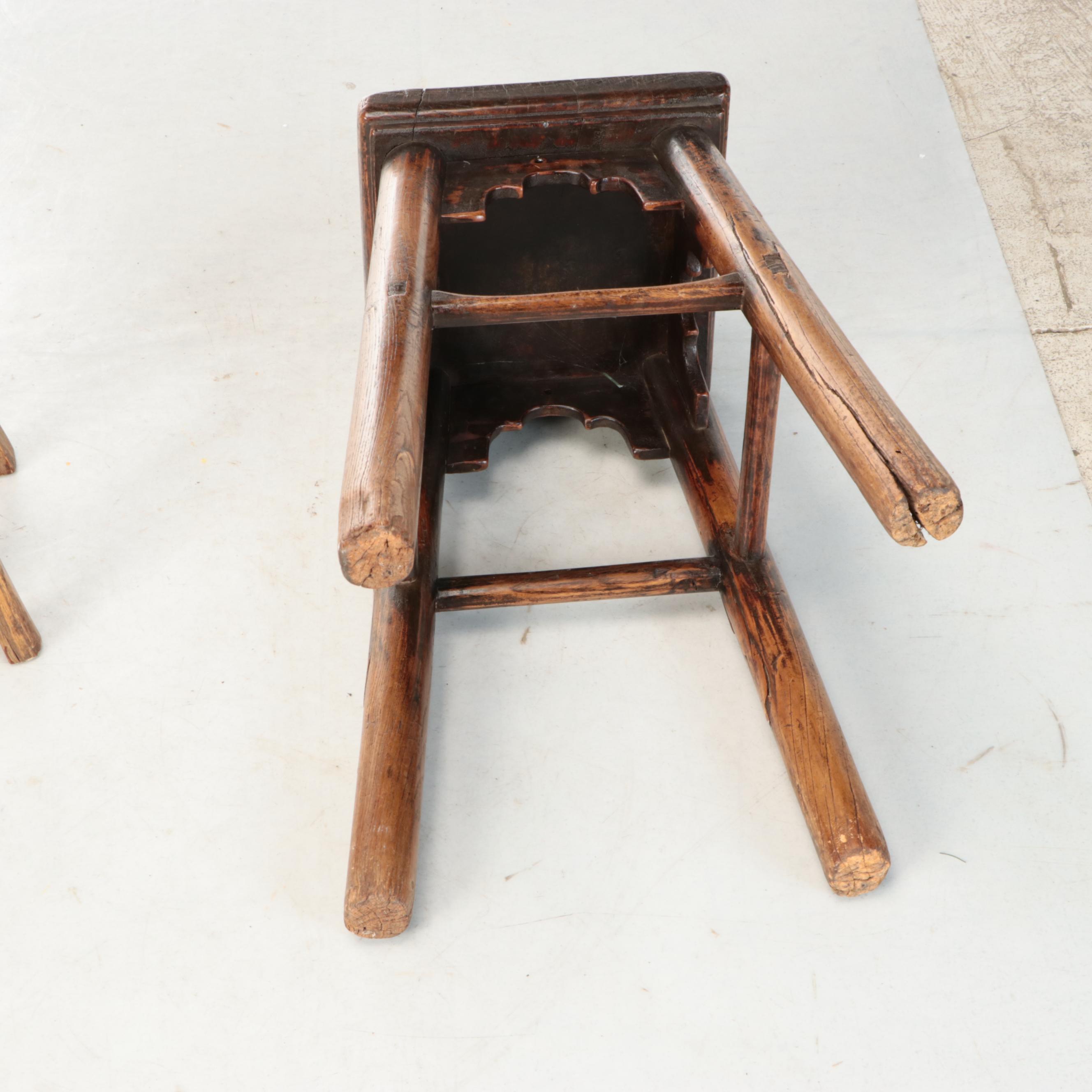 Carved Wooden Stool with Wooden Footrest, Early to Mid-20th Century