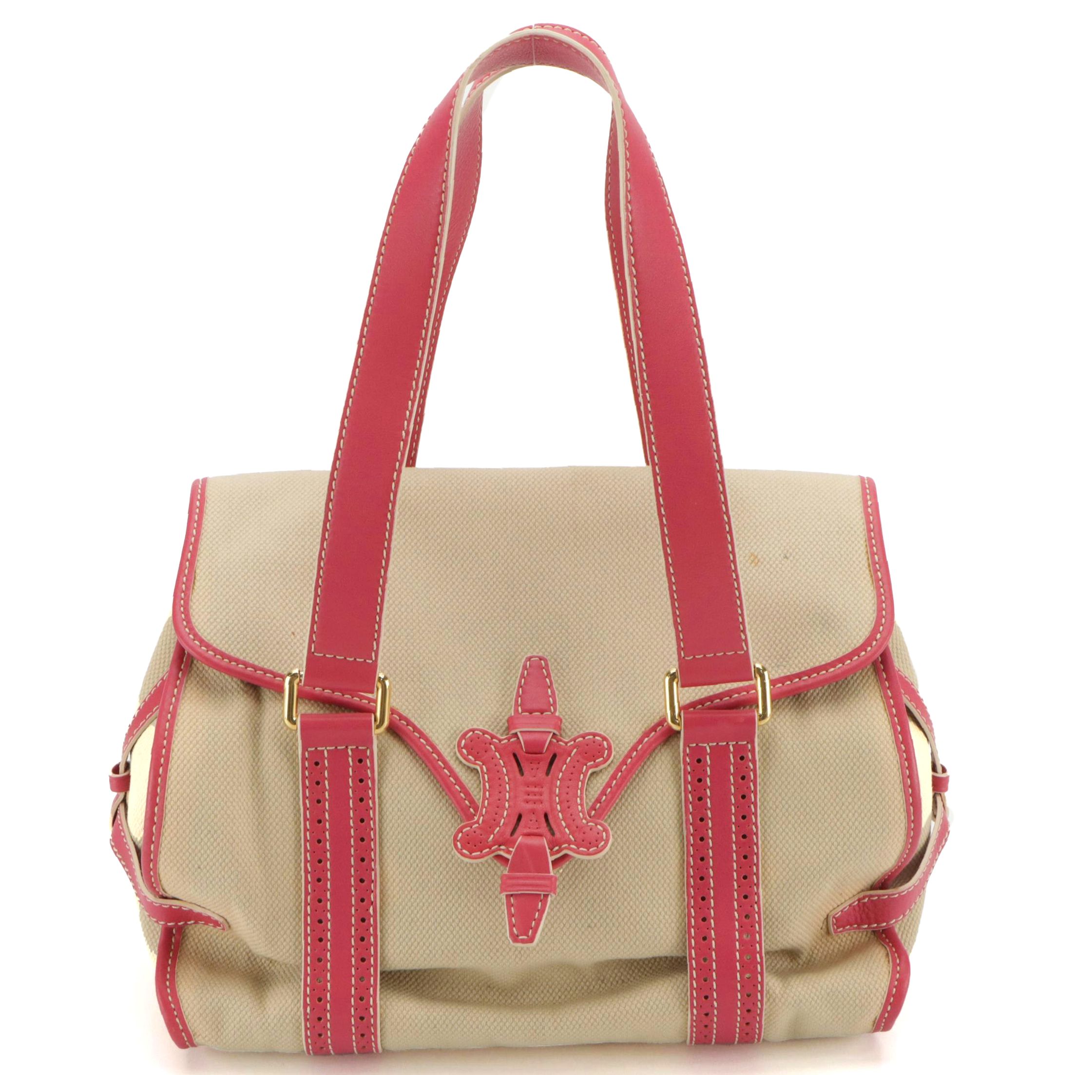 Celine Triomphe Flap Satchel Bag in Natural Canvas and Pink Leather Trim
