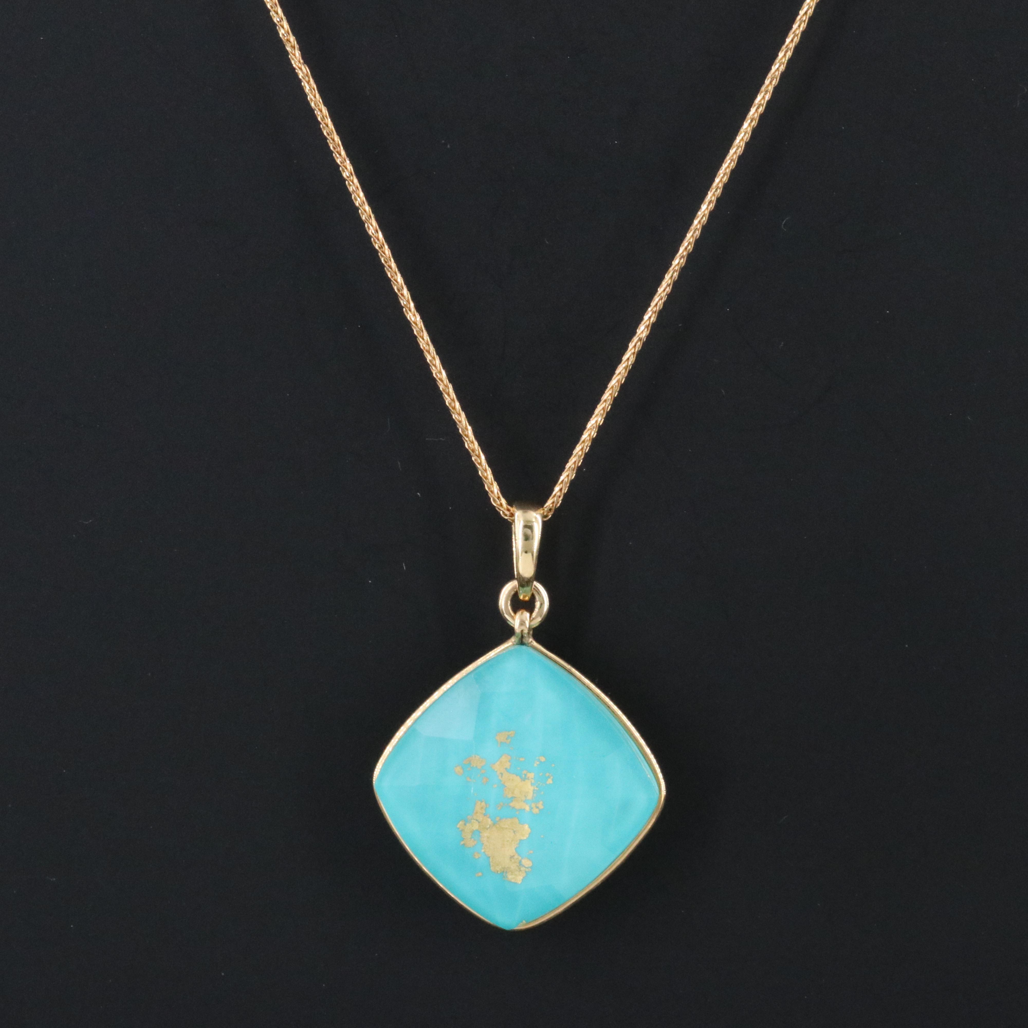 18K Rock Crystal and Turquoise Pendant on 14K Chain Necklace