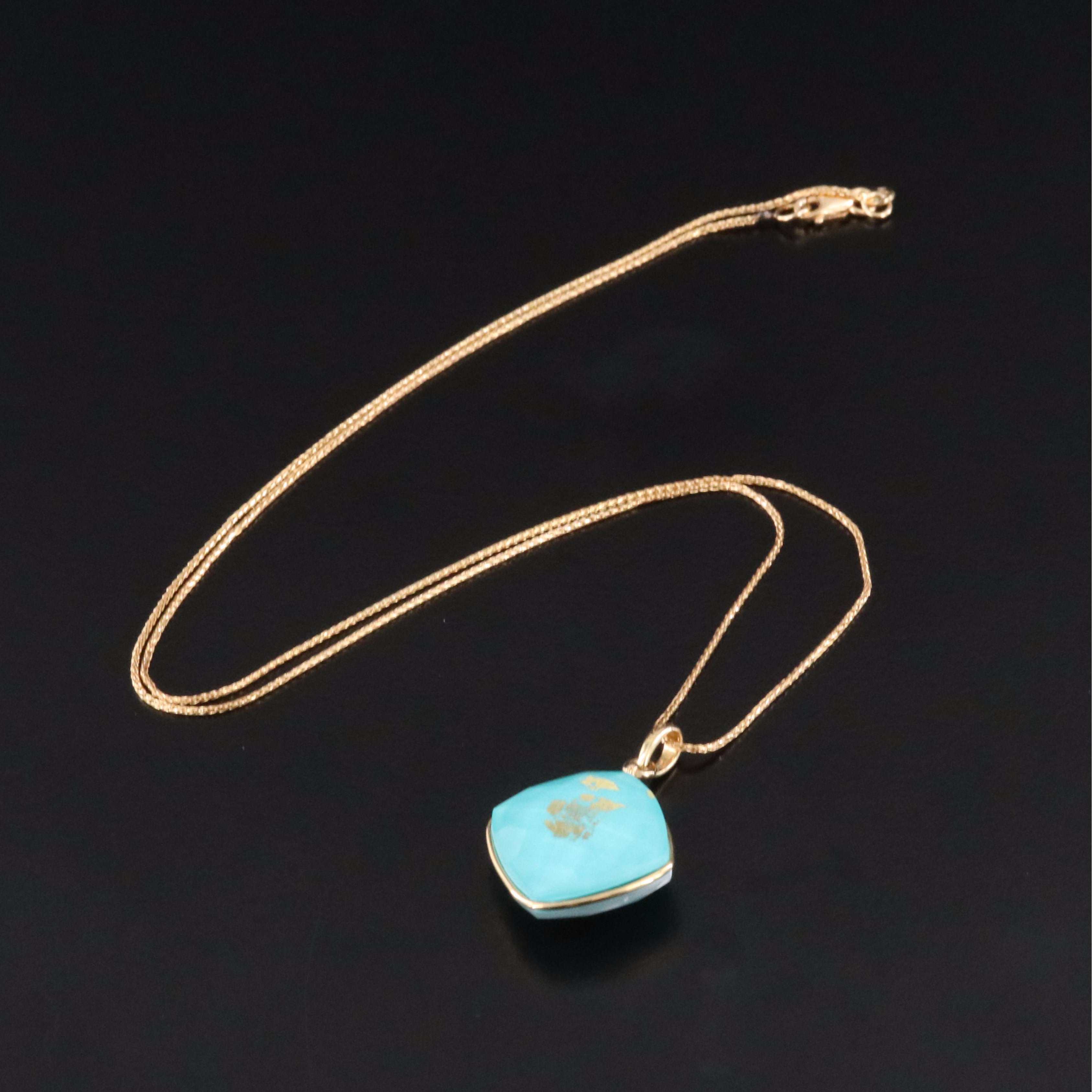 18K Rock Crystal and Turquoise Pendant on 14K Chain Necklace