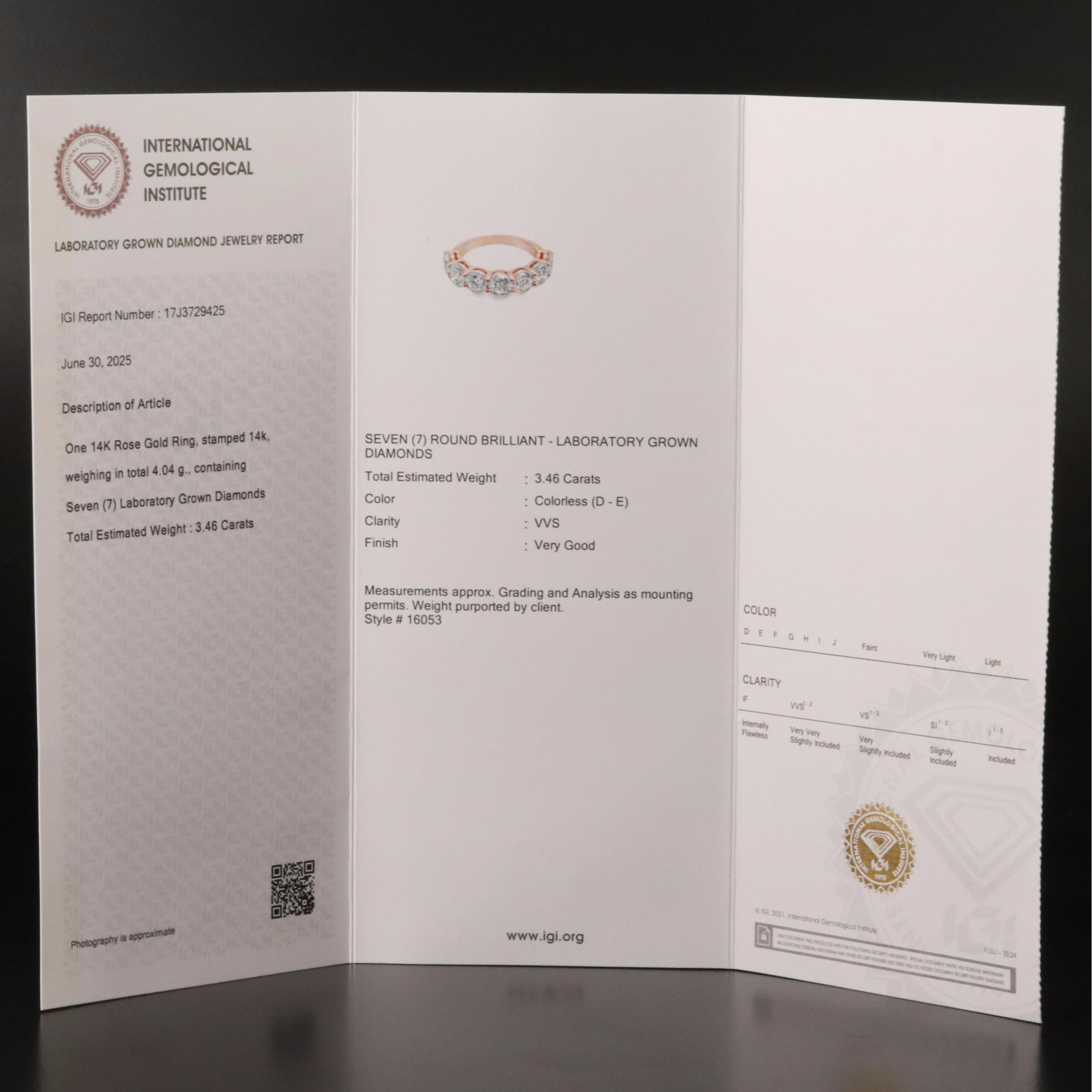 14K Rose Gold 3.46 CTW Lab Grown Diamond Ring with IGI Report