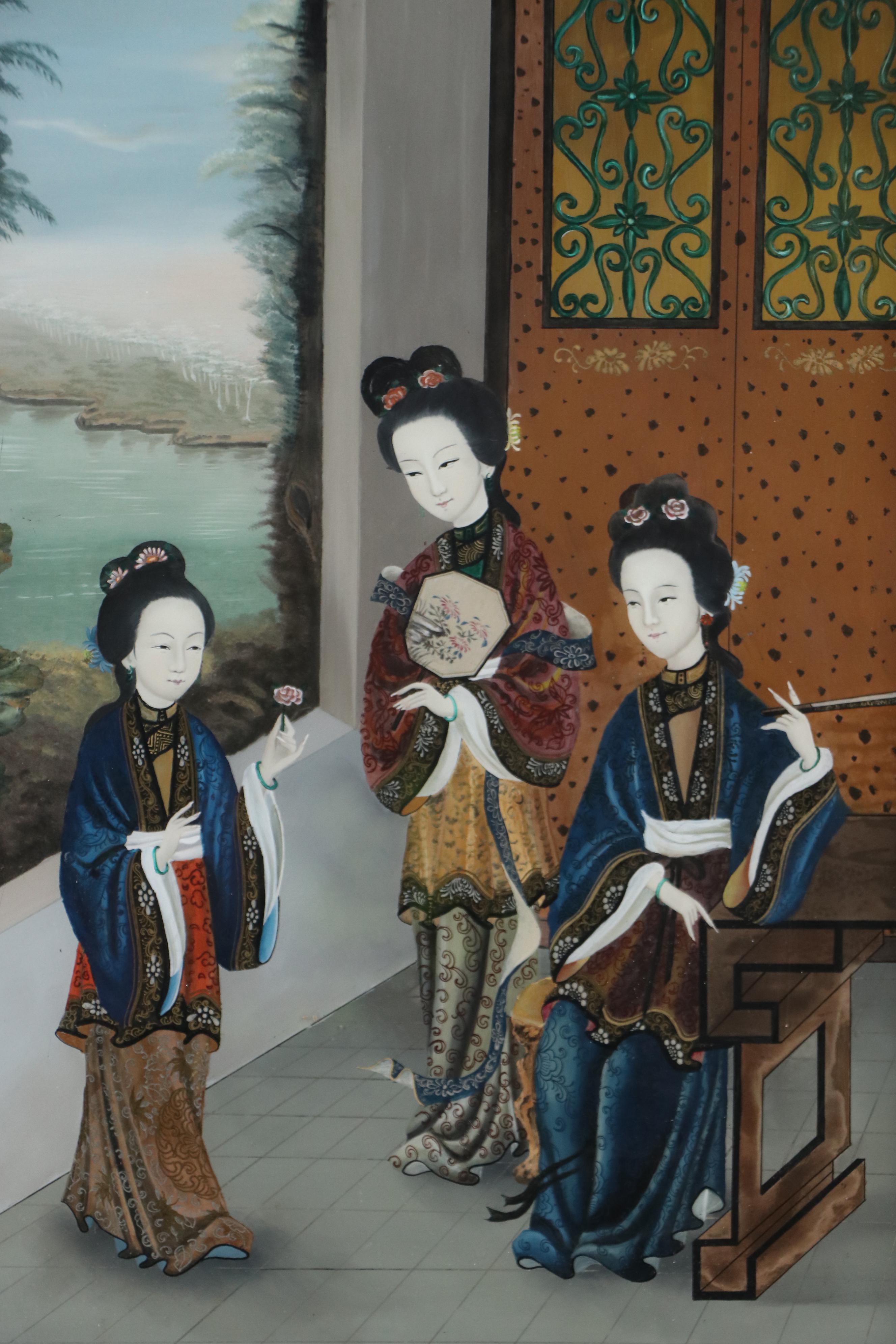 Chinese School Reverse Glass Painting of Three Women, Mid-20th Century