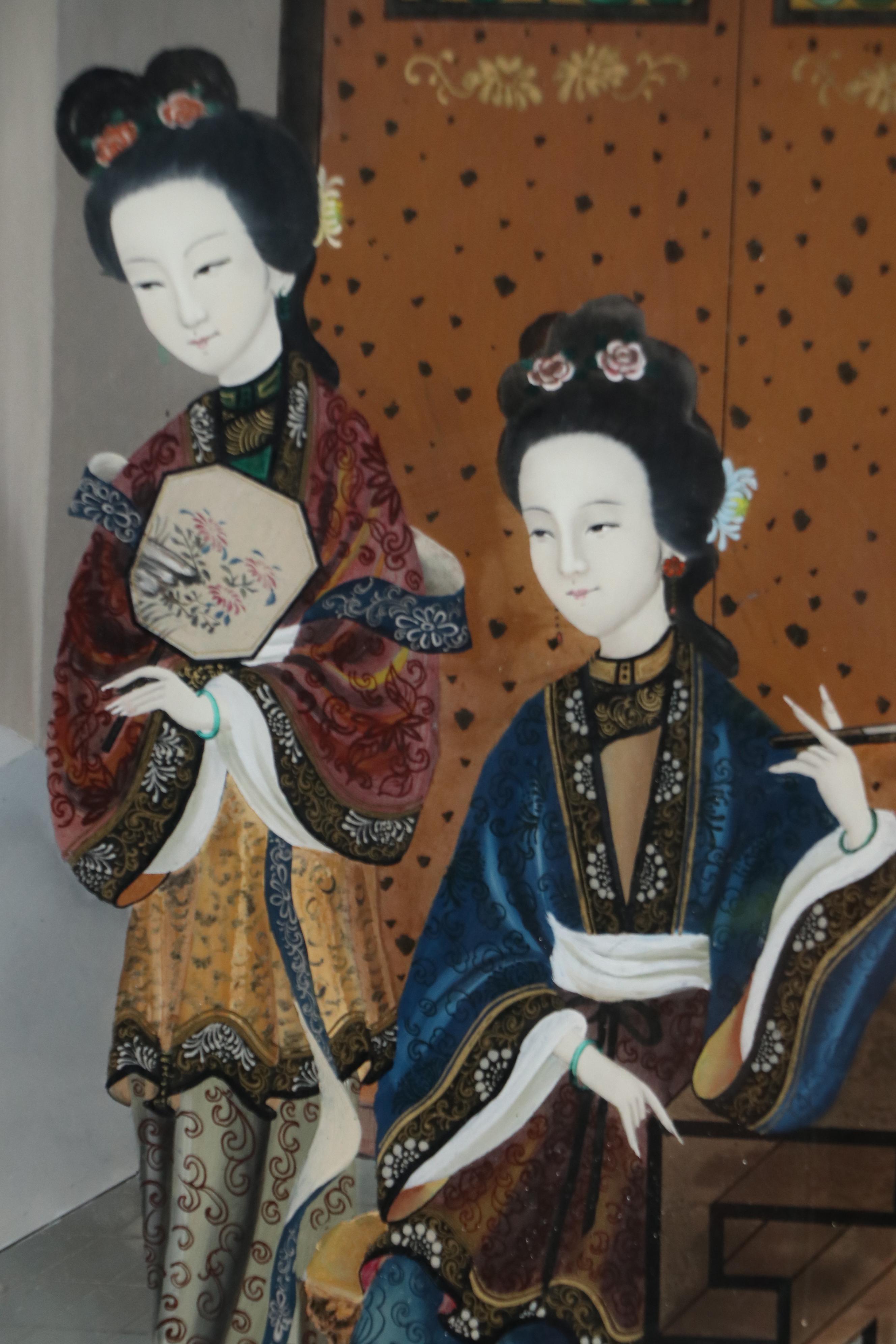 Chinese School Reverse Glass Painting of Three Women, Mid-20th Century