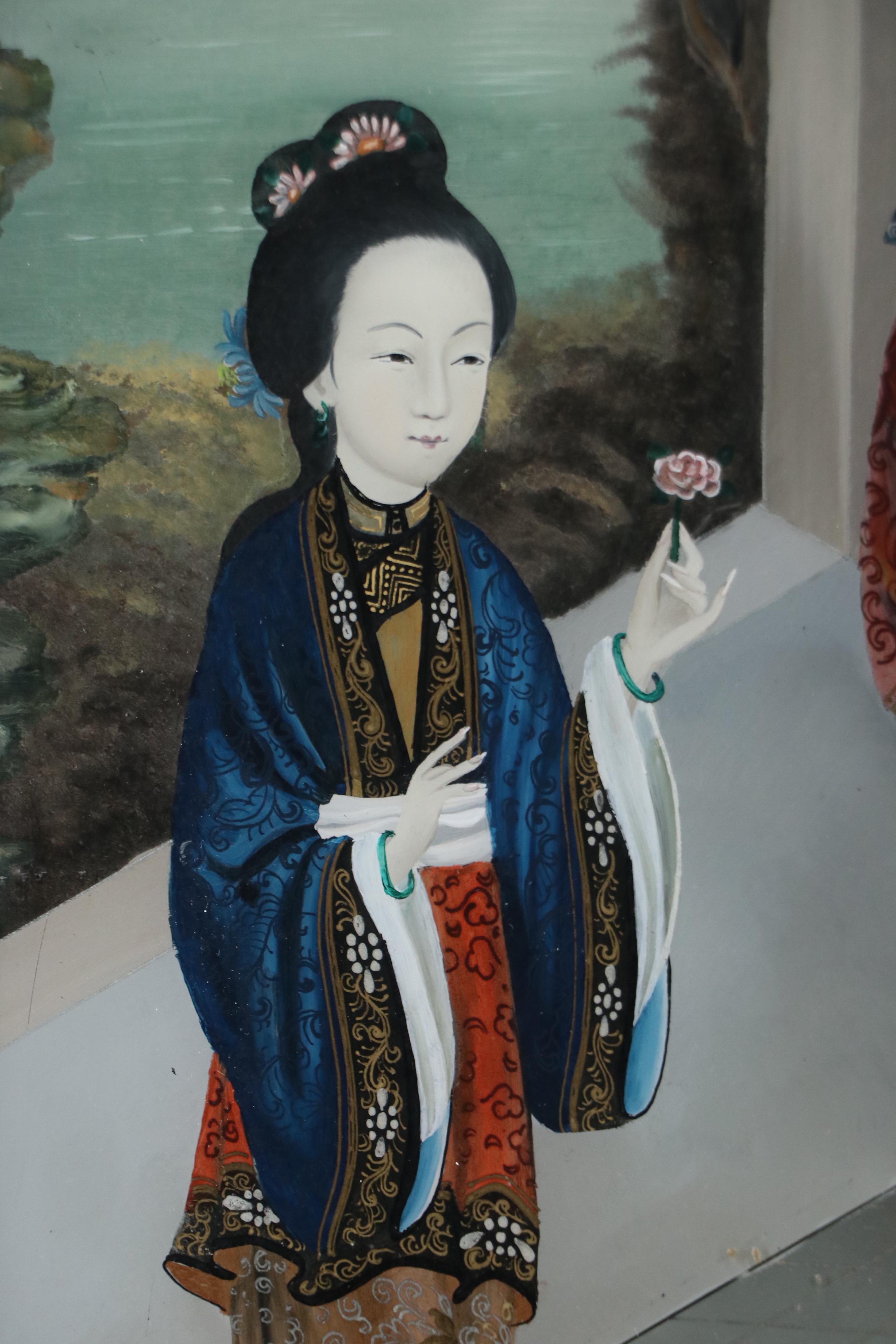 Chinese School Reverse Glass Painting of Three Women, Mid-20th Century