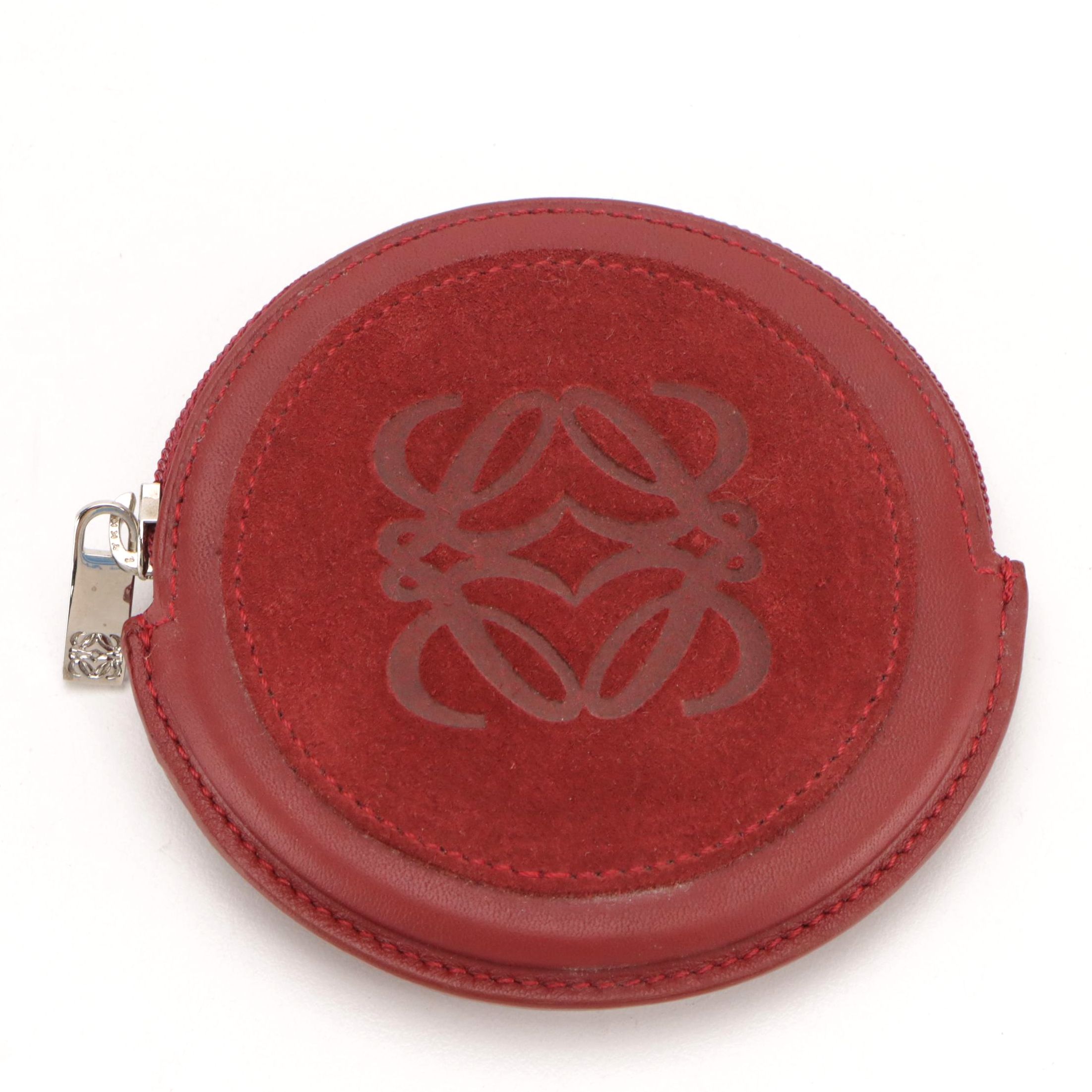 Loewe Round Anagram Coin Pouch in Brick Red Leather and Suede, With Box