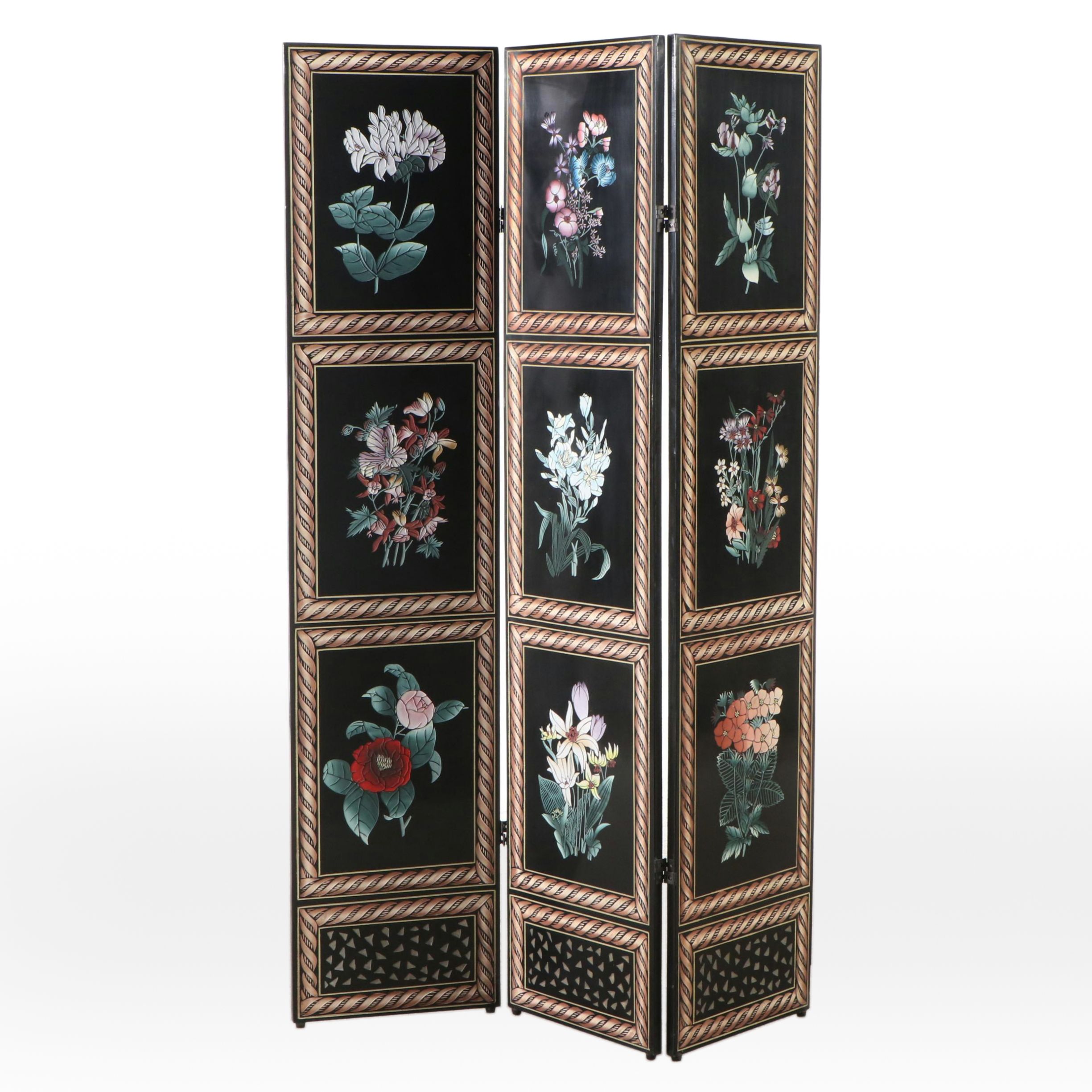 Chinoiserie Black Lacquered Three-Panel Room Screen with Floral Decoration