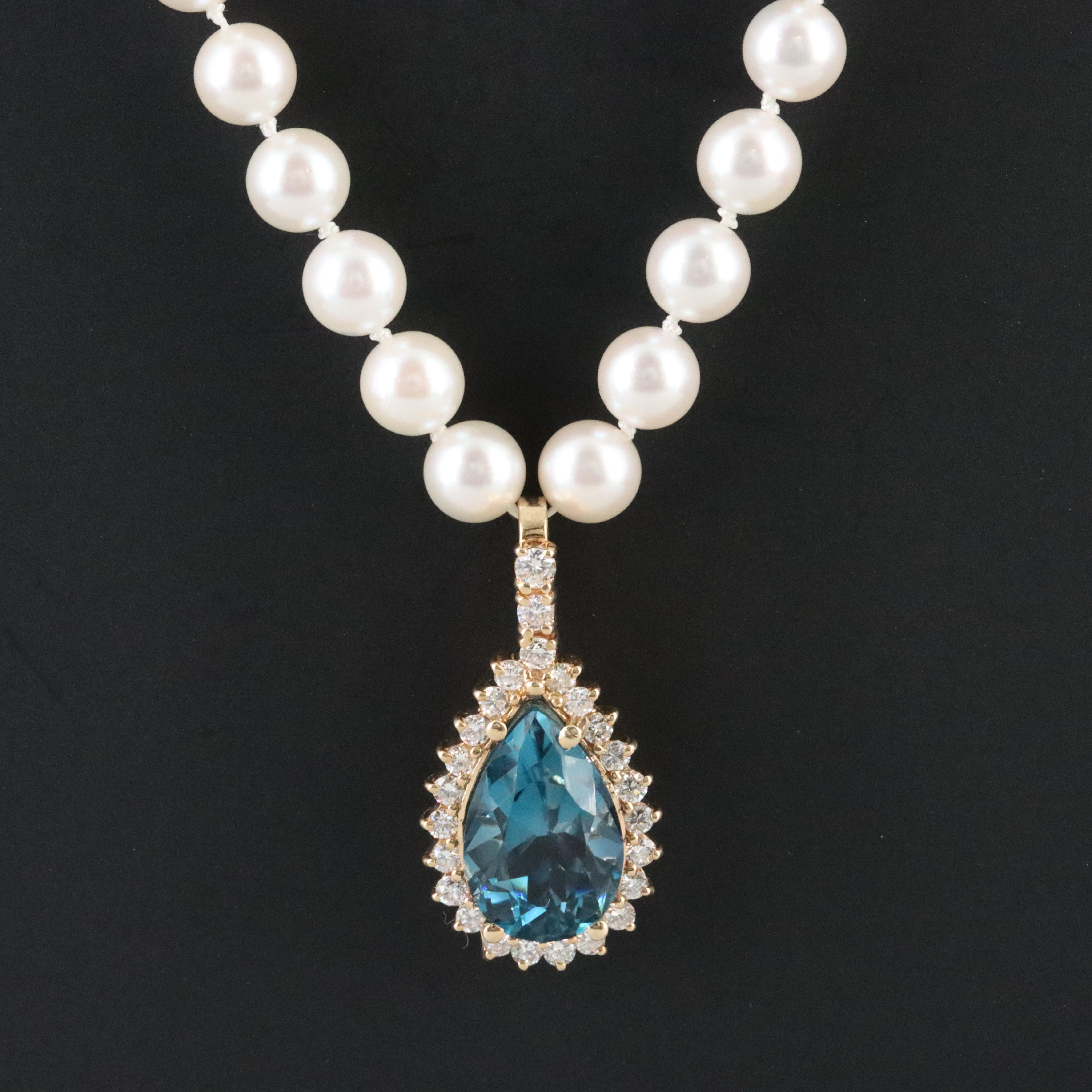 Pearl Necklace with 14K Clasp and Topaz and Diamond Enhancer Pendant