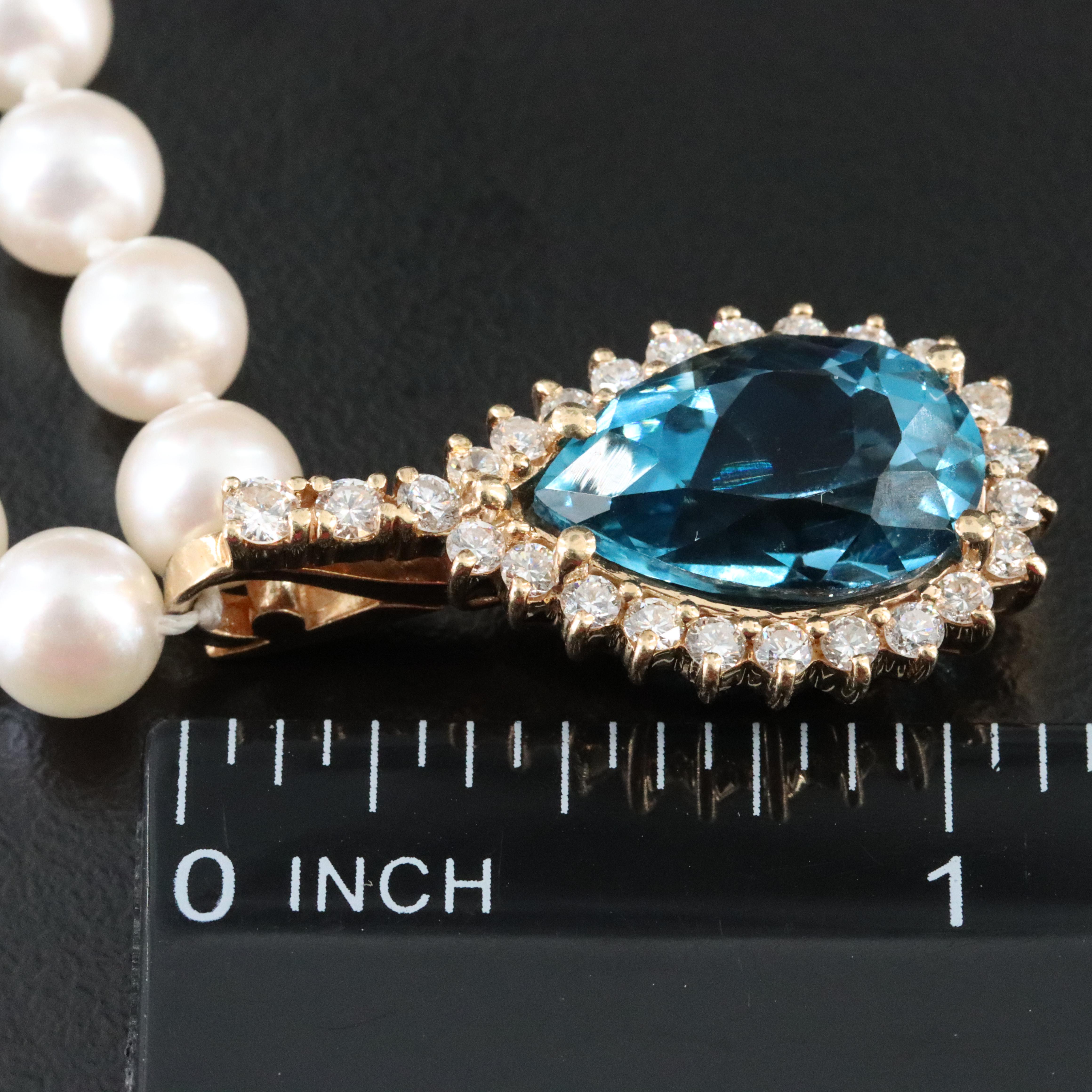 Pearl Necklace with 14K Clasp and Topaz and Diamond Enhancer Pendant