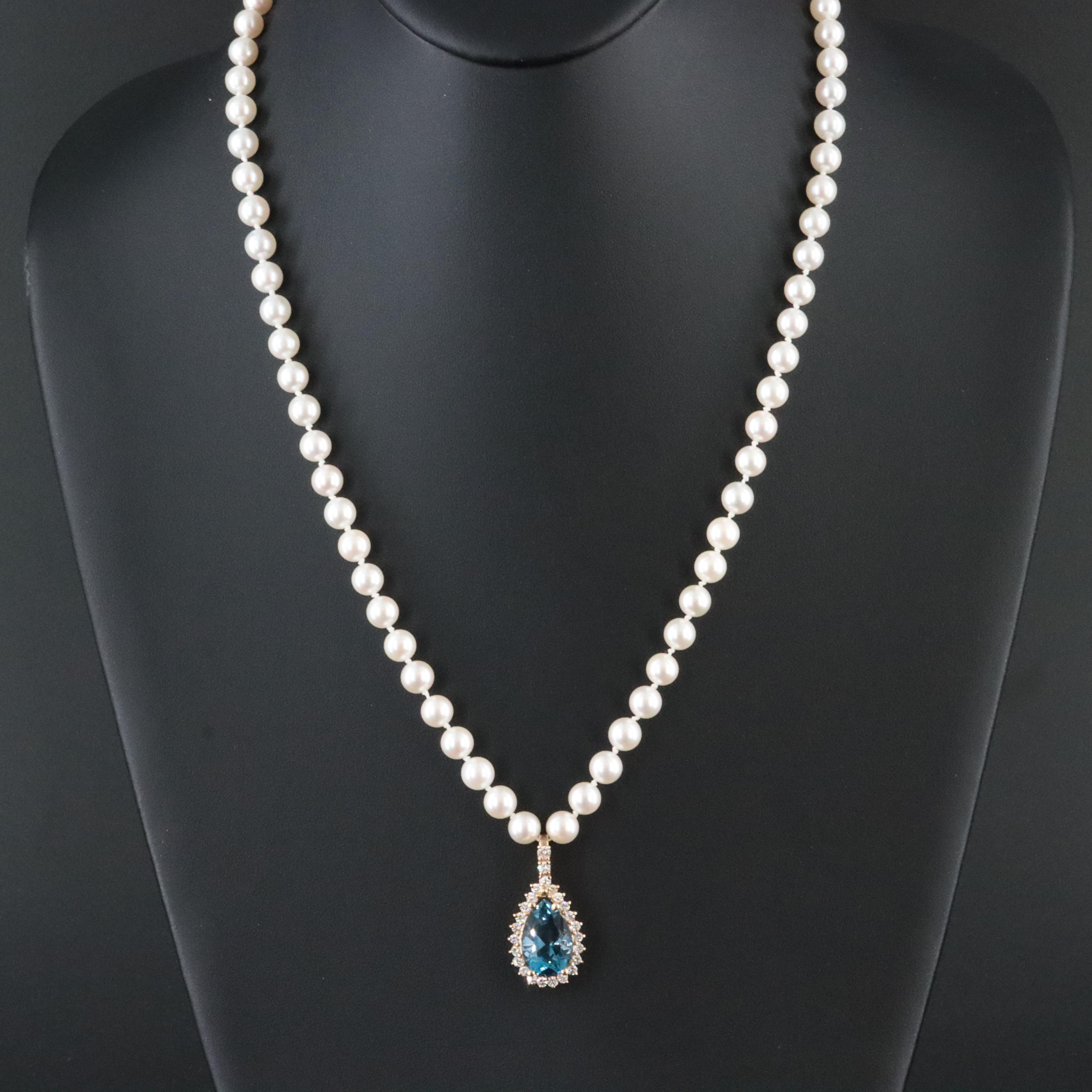 Pearl Necklace with 14K Clasp and Topaz and Diamond Enhancer Pendant