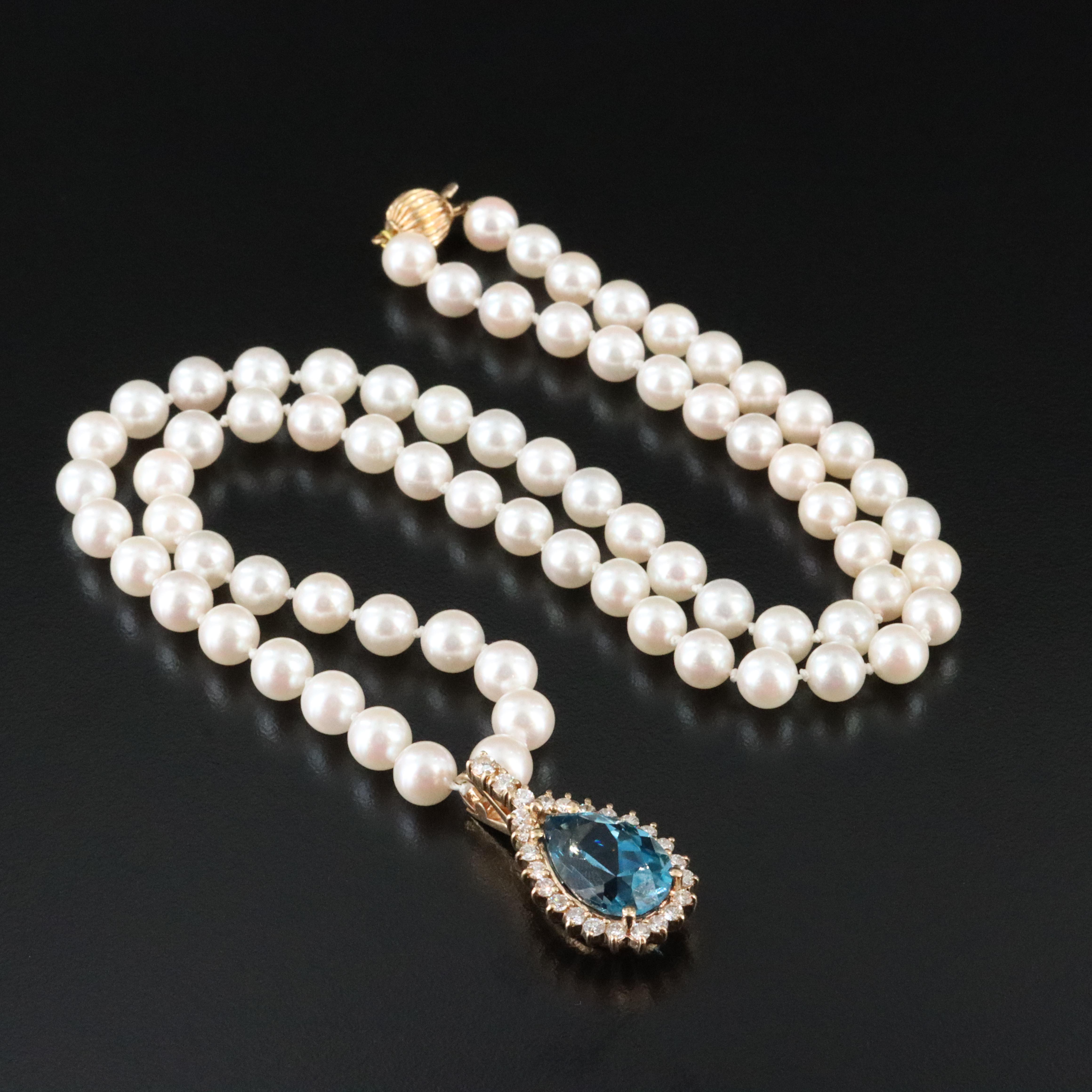 Pearl Necklace with 14K Clasp and Topaz and Diamond Enhancer Pendant