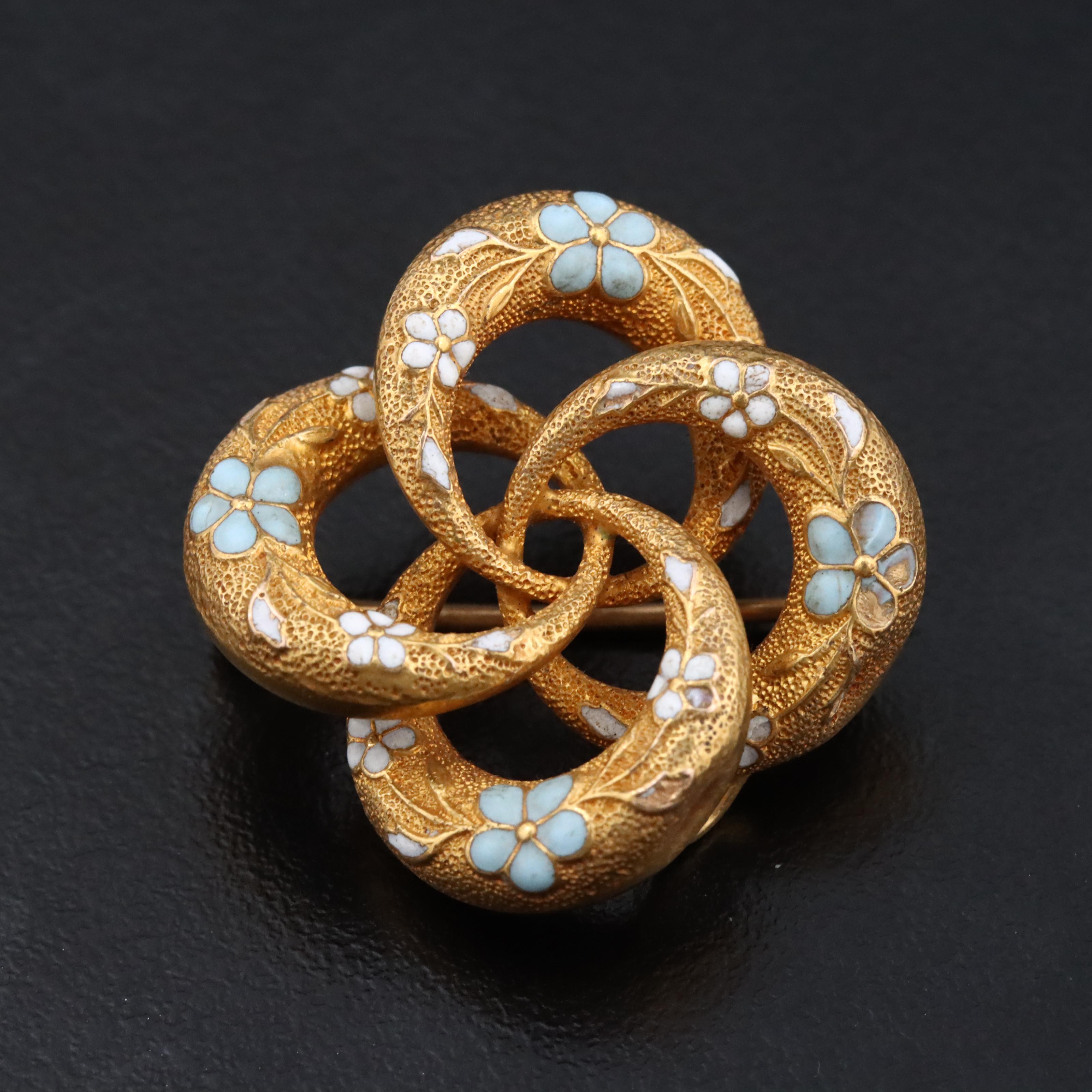 Early 1900s 14K Enamel Floral Love Knot Brooch