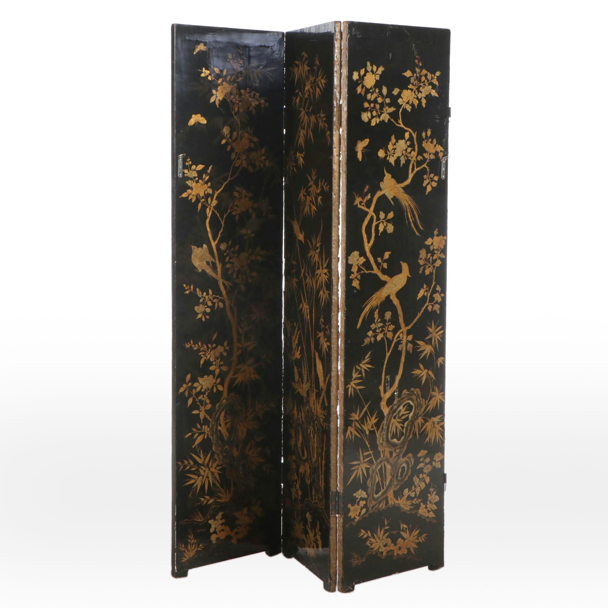 Chinese Hand-Decorated Parcel-Gilt and Lacquered Three-Panel Room Divider
