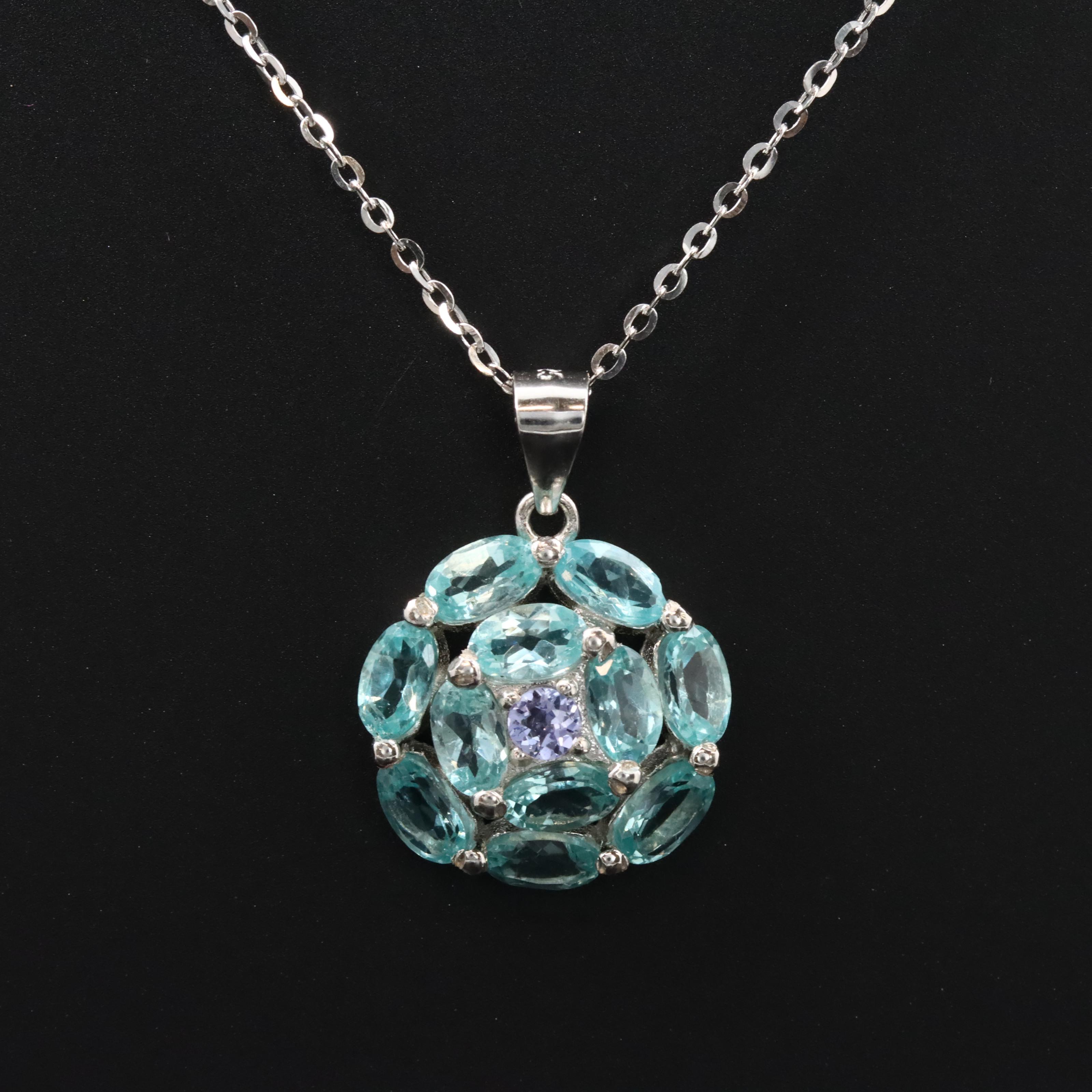 Sterling Apatite and Tanzanite Halo Pendant Necklace