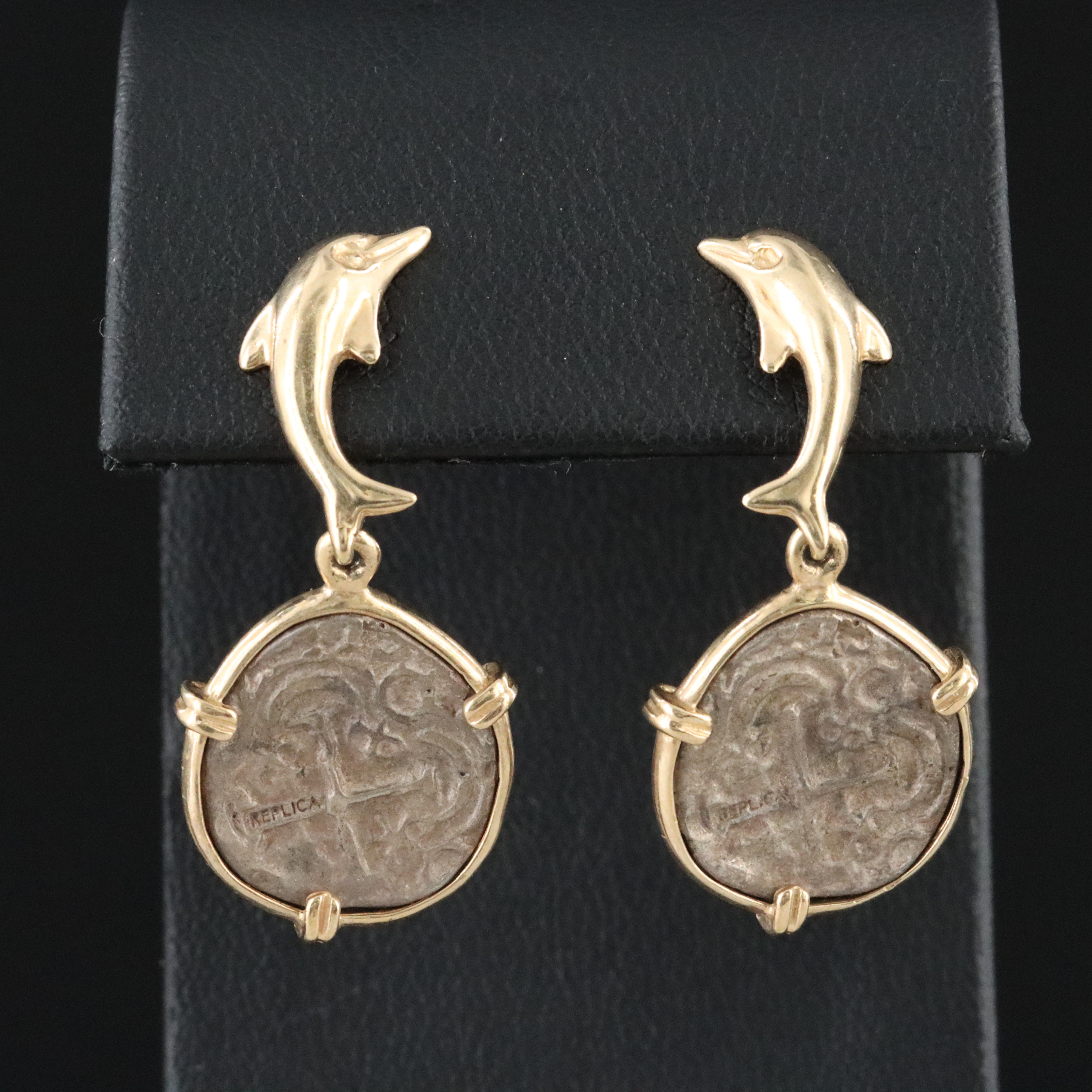 14K and Sterling Dolphin and Replica Shipwreck Coin Earrings