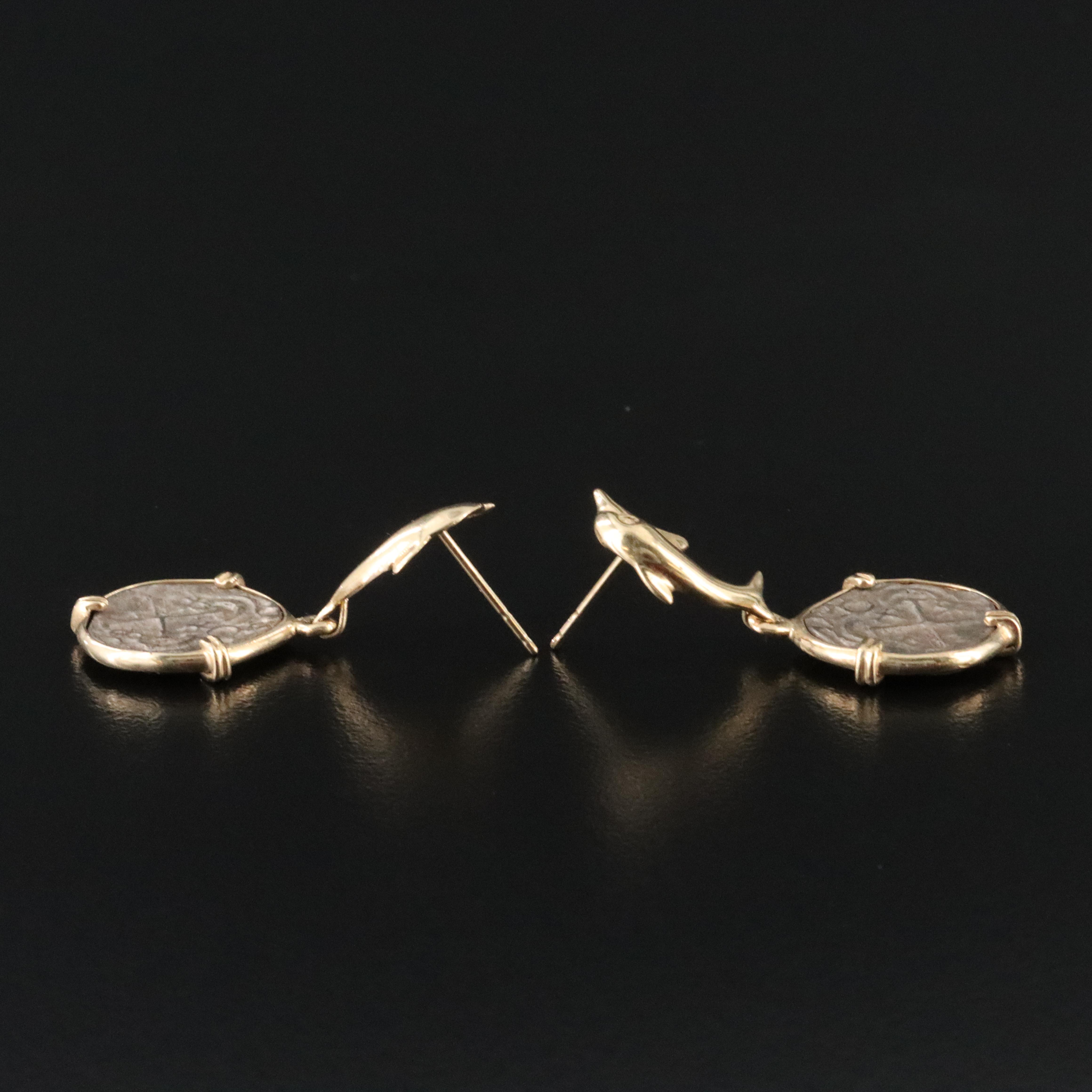 14K and Sterling Dolphin and Replica Shipwreck Coin Earrings