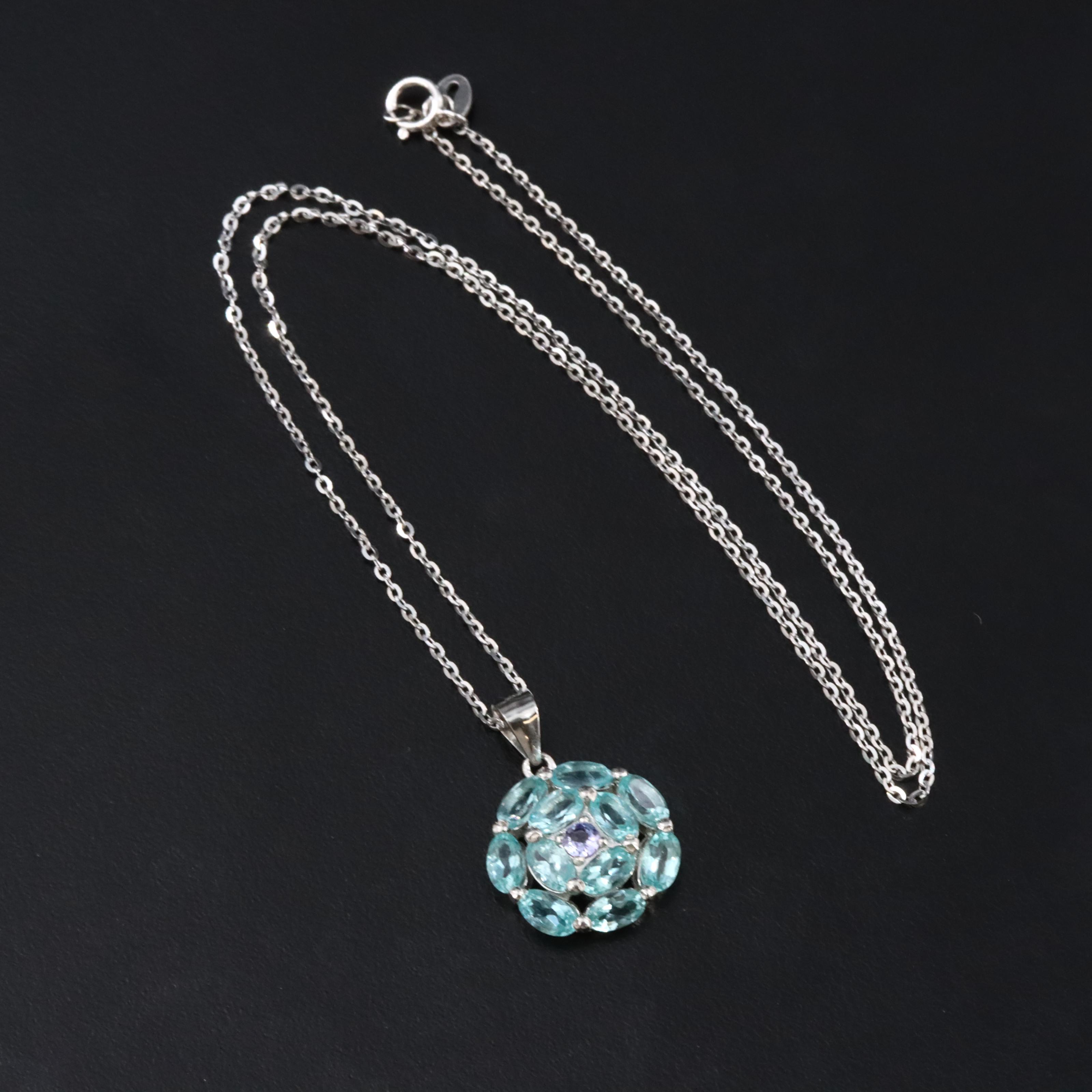 Sterling Apatite and Tanzanite Halo Pendant Necklace