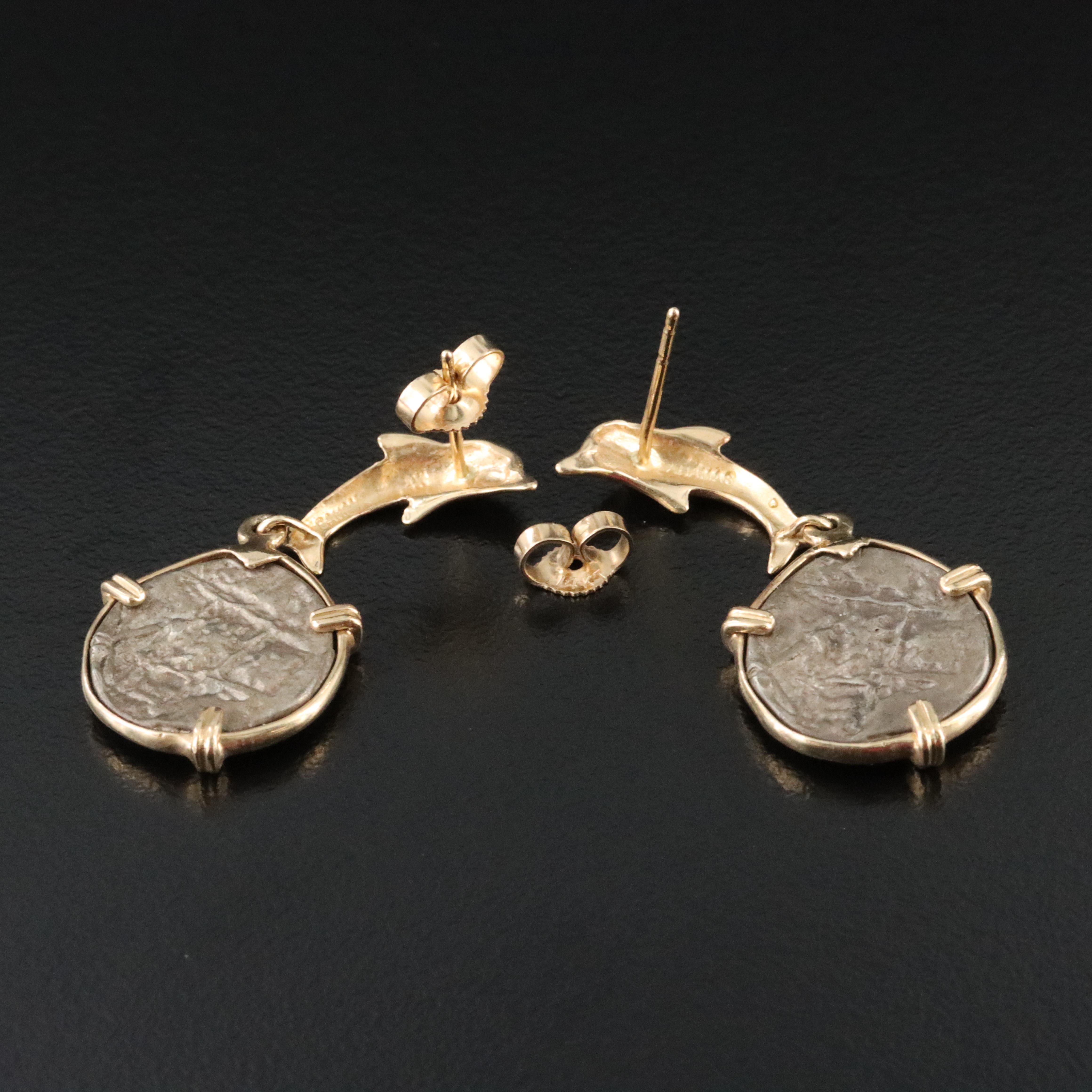 14K and Sterling Dolphin and Replica Shipwreck Coin Earrings